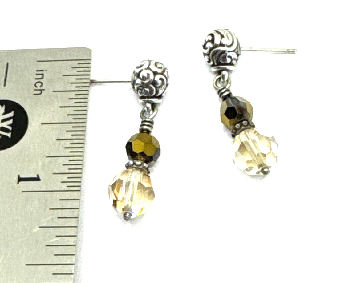 Brighton Cannes Light Ivory Beige & Sparkle Brown Beads Silver Post Earrings
