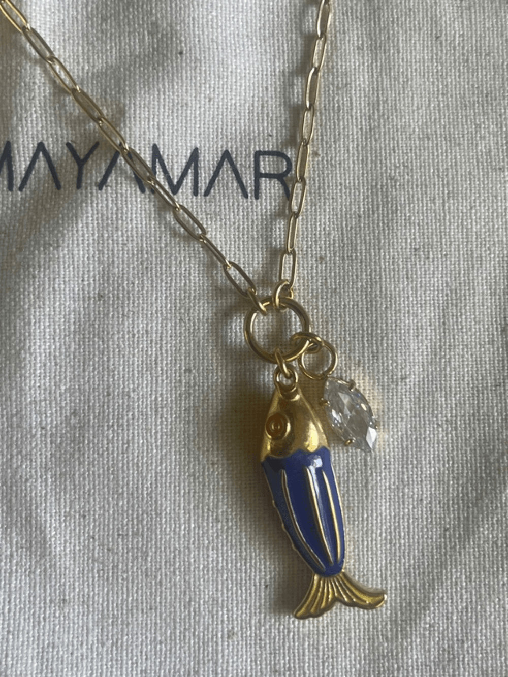 Mayamar Gold and Blue Fish Charm Paperclip Style Necklace