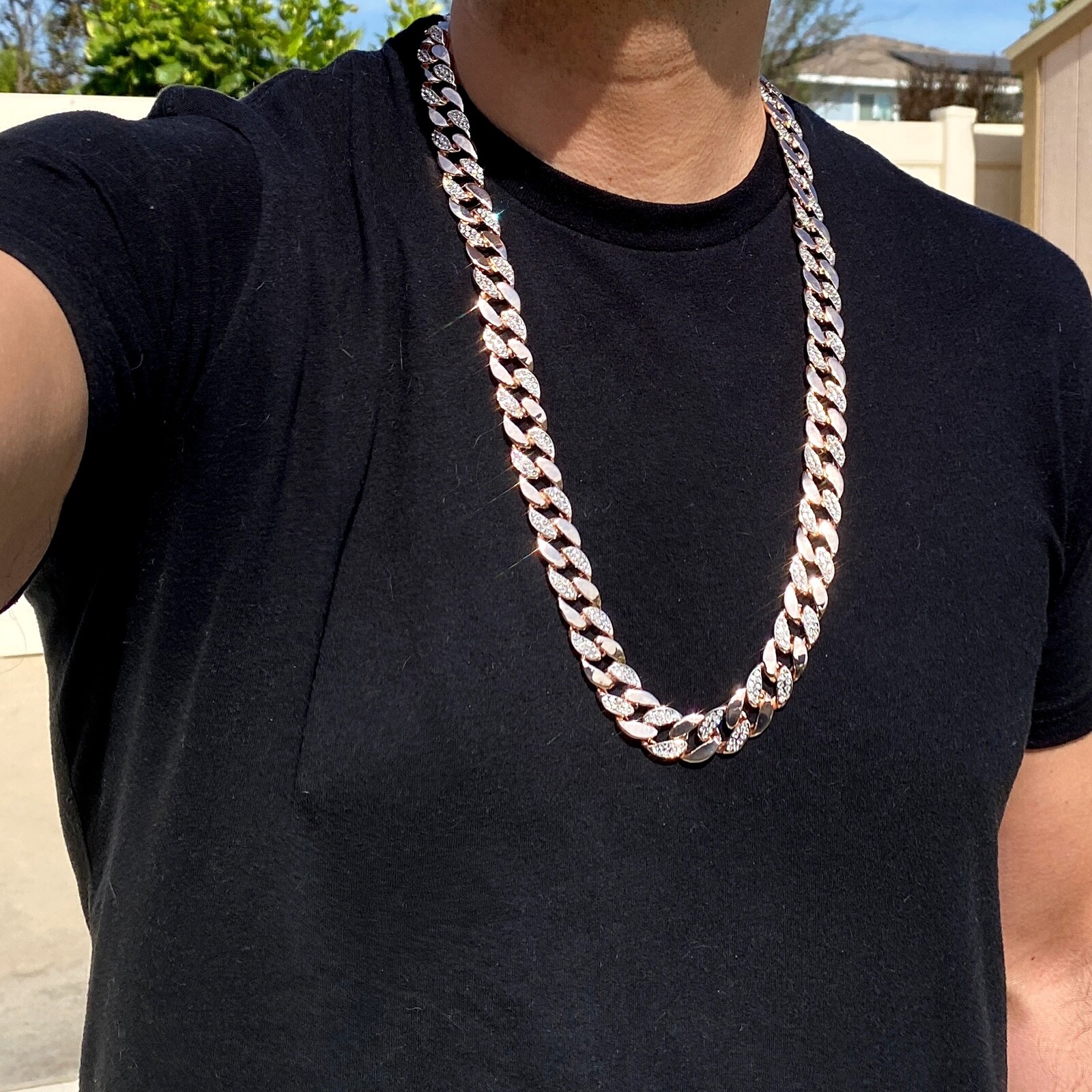Men’s 14K Rose Gold Plated Cuban Link Iced Bling Chain Simulated CZ Necklace 30″
