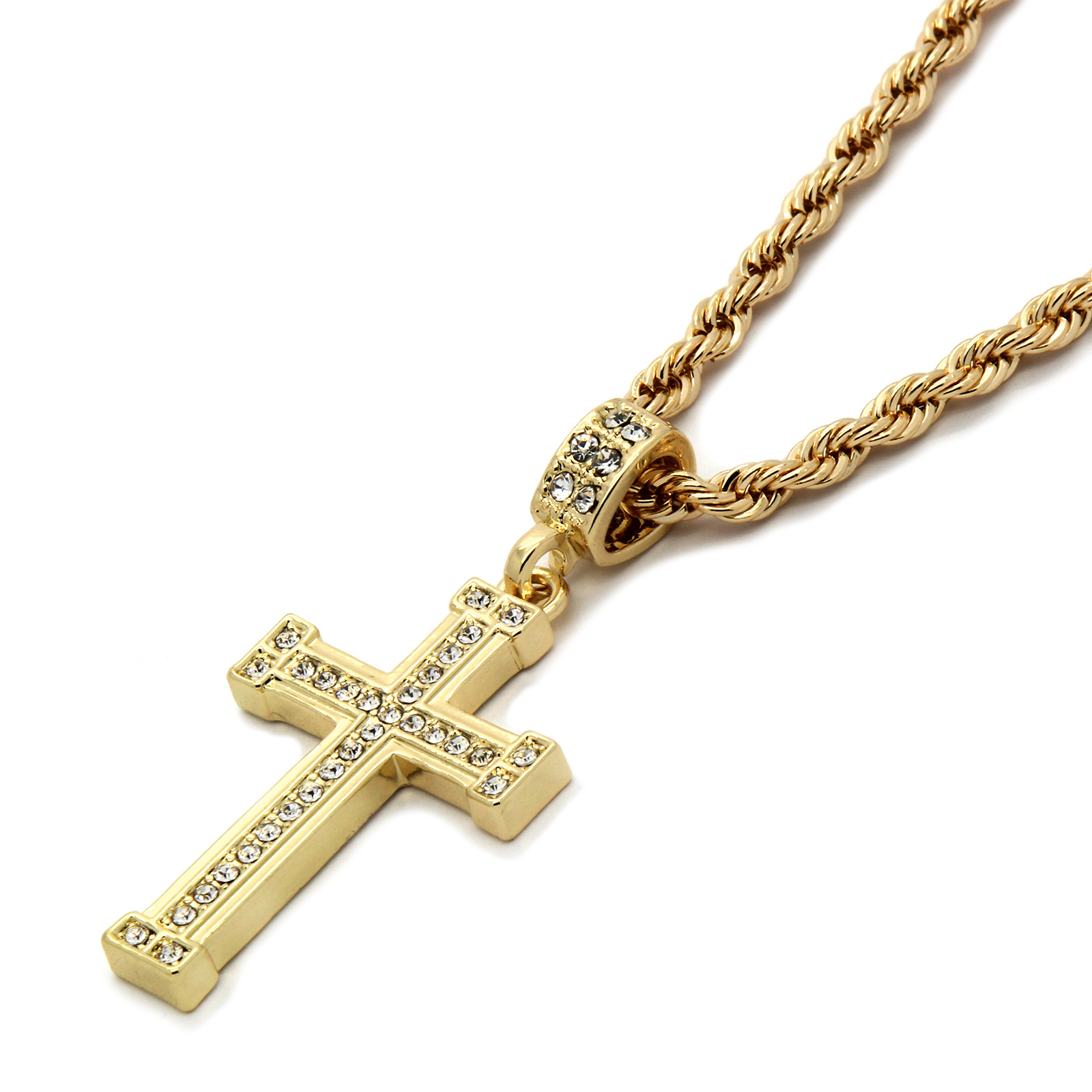 Mens 14k Gold Plated Staple Cross Pendant Cubic-Zirconia 24″ Rope Chain