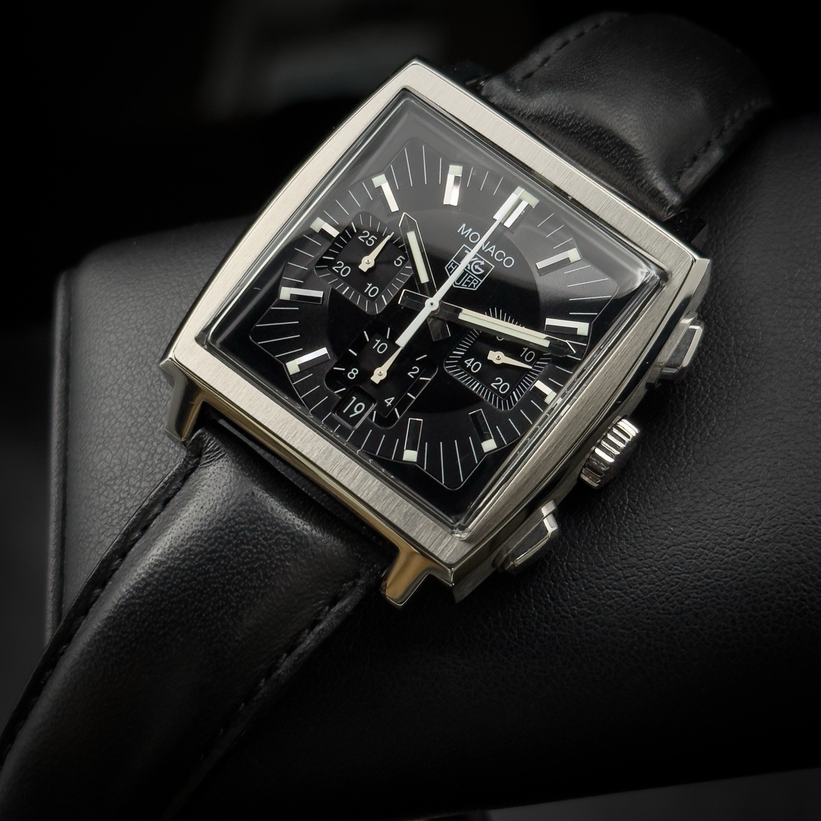 Tag Heuer MONACO Black Dial Chronograph CW2111 Stainless Steel Leather Strap