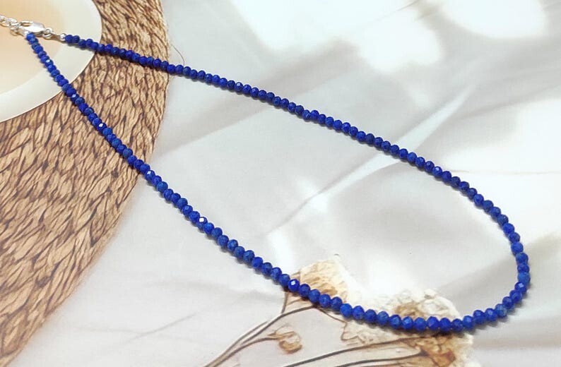 2-3MM Lapis Lazuli Faceted Round Gemstone Beaded Healing Unisex Necklaces 24”