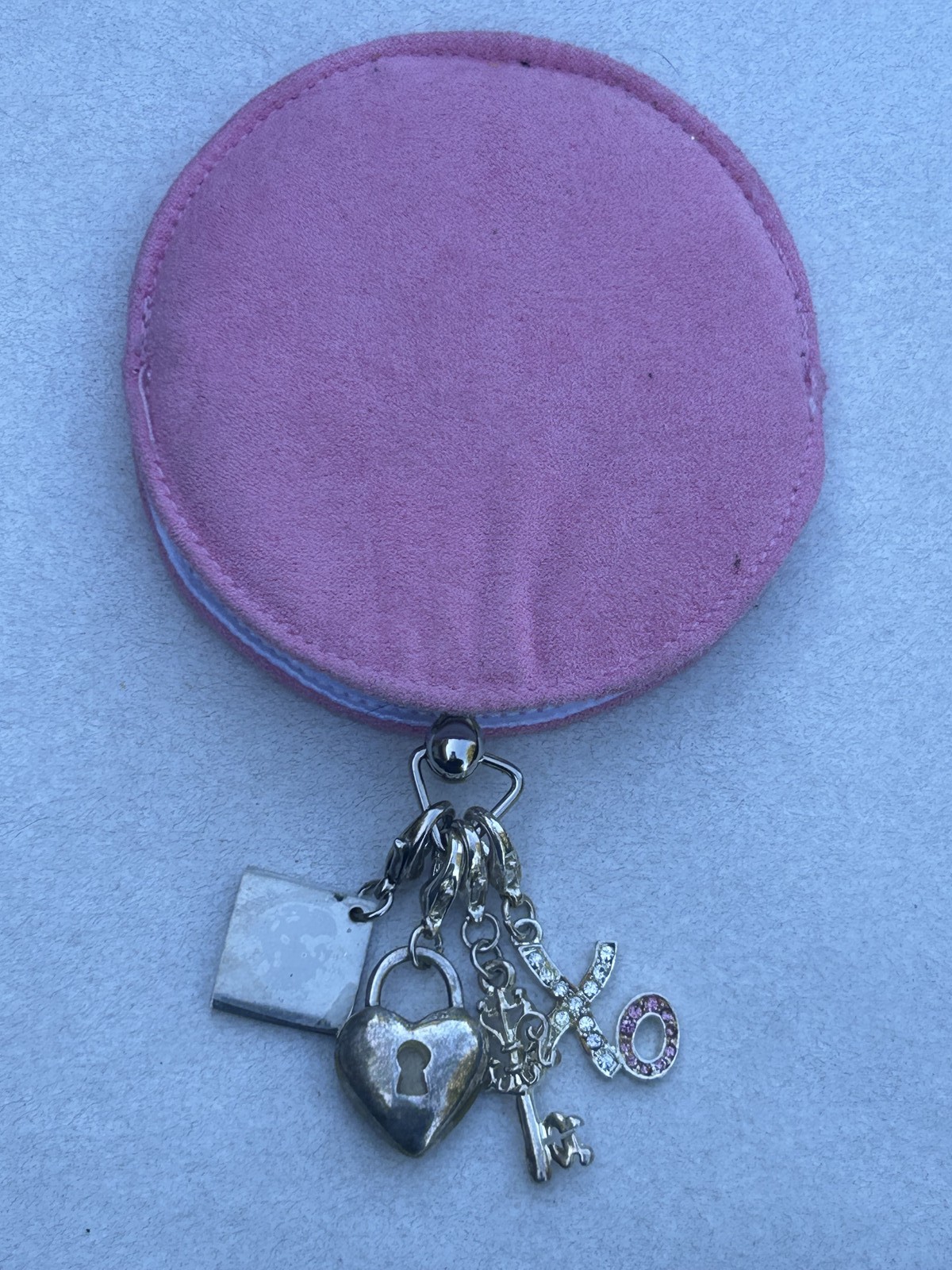 Irving Rice Pink Compact Mirror Charm Dangler XO Key Heart Lock Rhinestone Bag