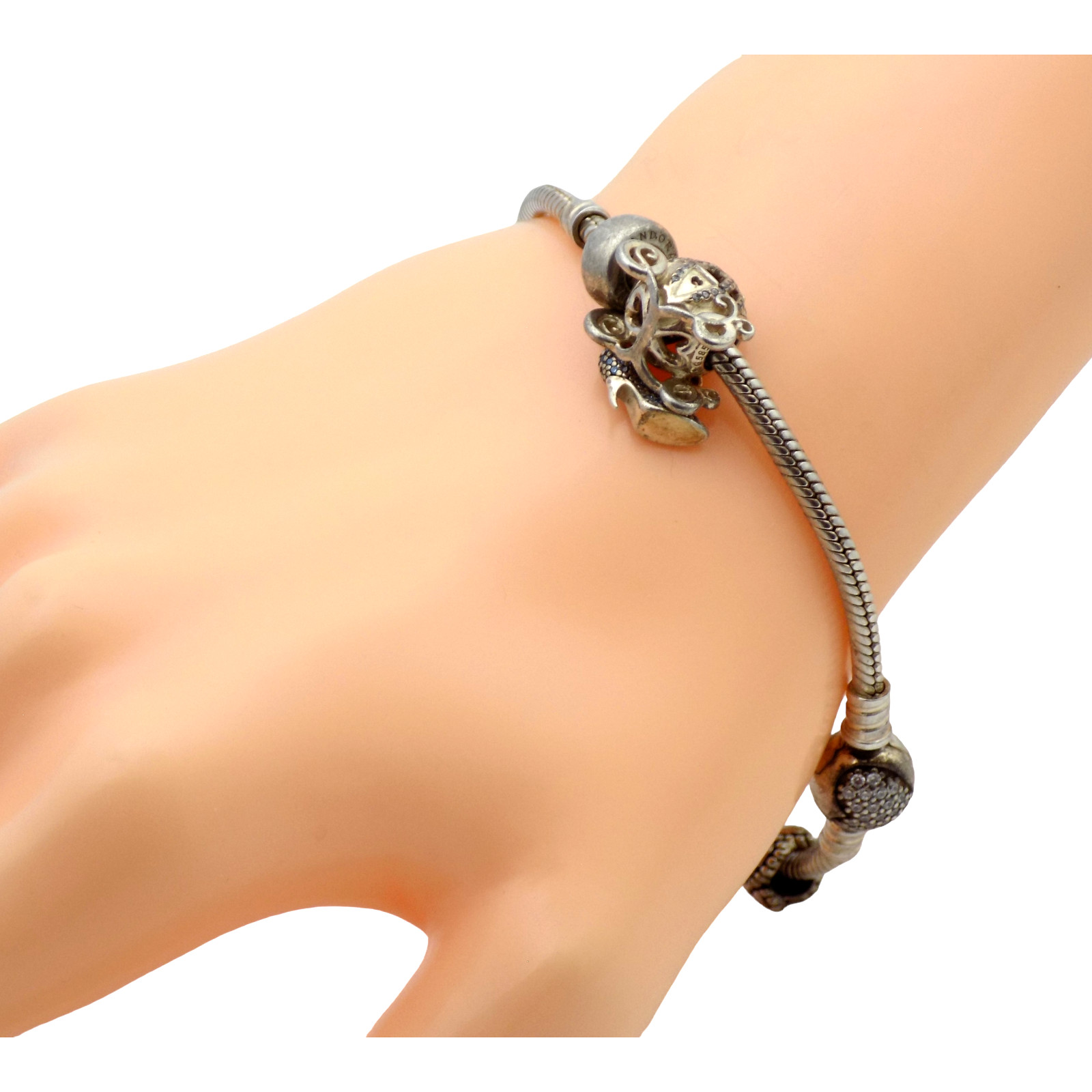 PANDORA STERLING SILVER 8″ CHARM 3MM BRACELET W 4 CHARMS 26GR #4239