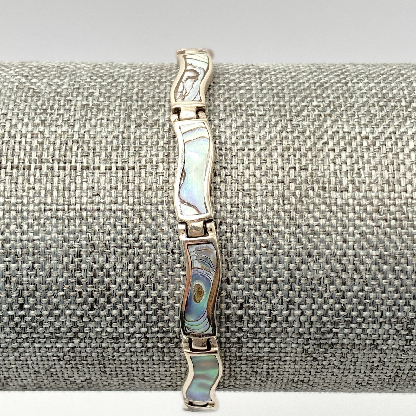 925 Sterling Silver Bracelet Blue Green Abalone Shell Inlay Wavy Link Vtg 7.25”