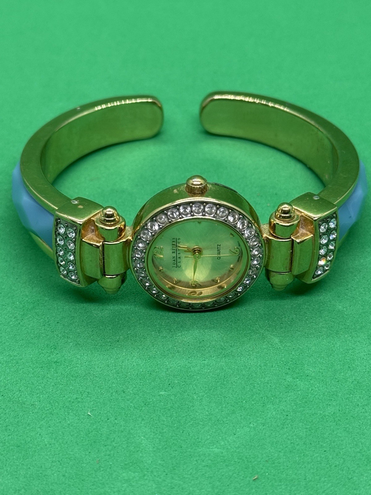 JOAN RIVERS V377 RHINESTONE CLAMPER Blue BANGLE WRIST WATCH Hinged