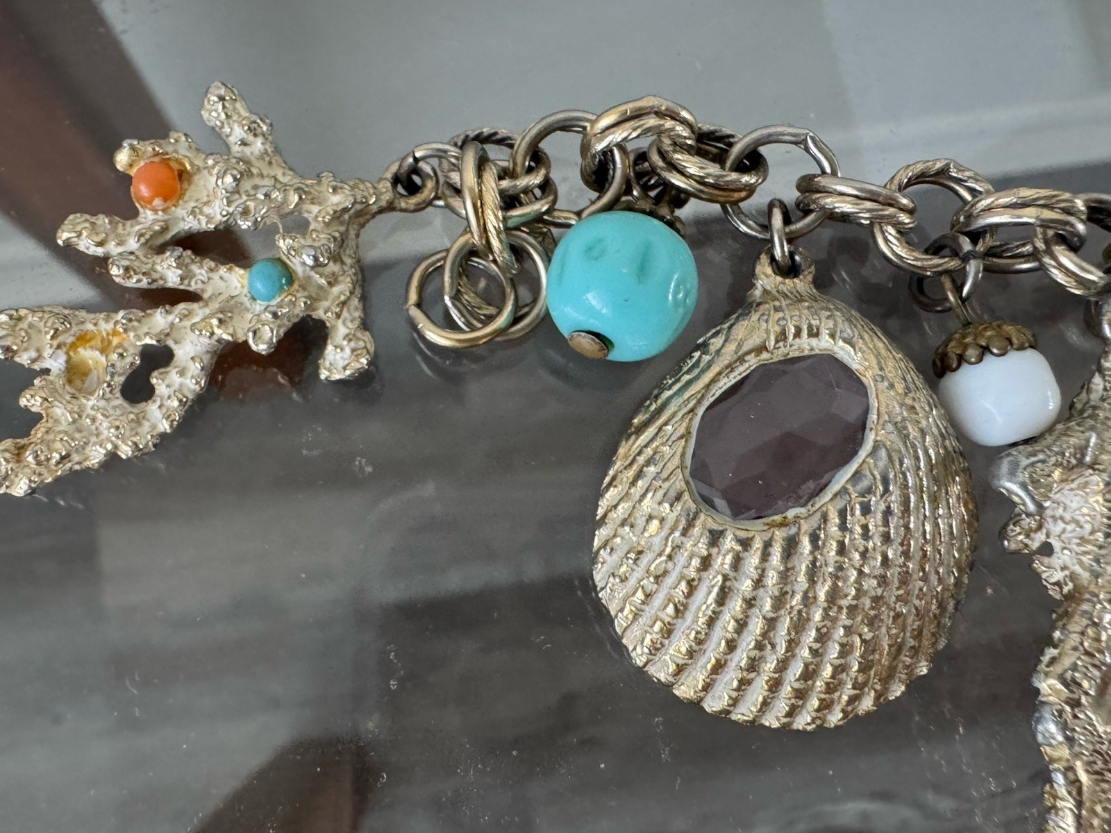 Vintage Chunky Sea Shell Charm Bracelet Coral Starfish Shell Nautical Crystal