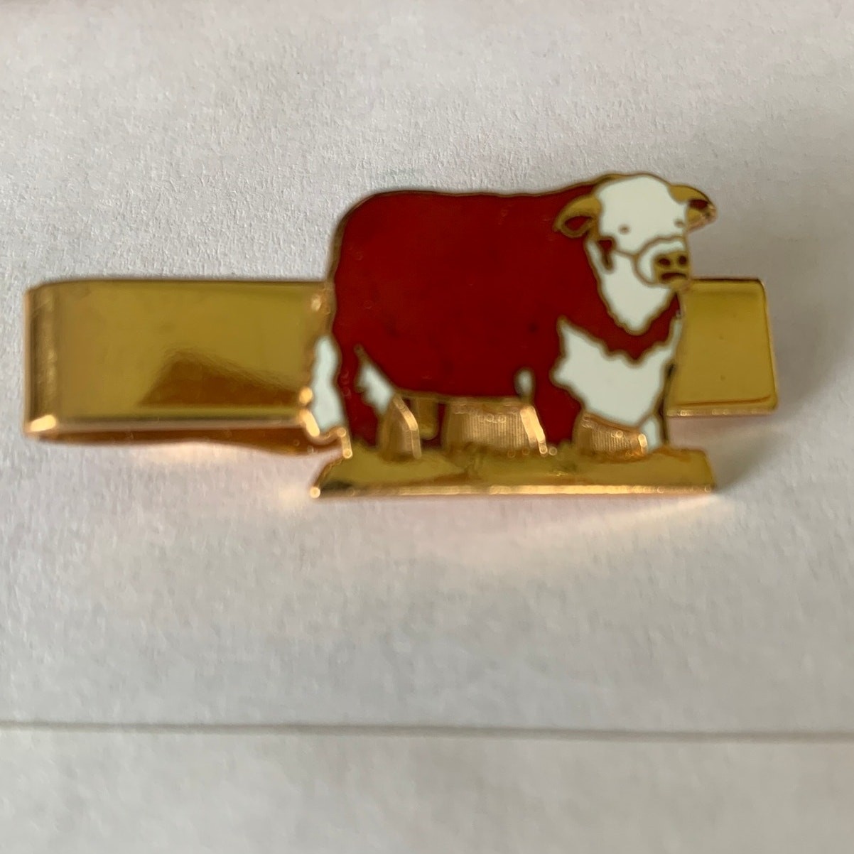 Vintage LEAVENS Hereford Bull Tie Clip Bar | Cloisonné Cow Clip