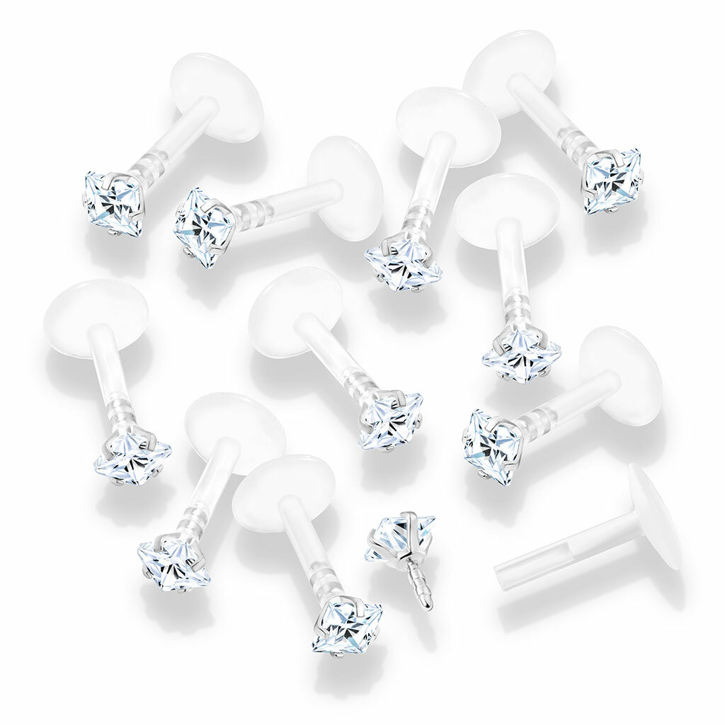 5 Pc Prong Set Square CZ Bio Flex Push In Ear Cartilage Helix Labret Tragus 16G
