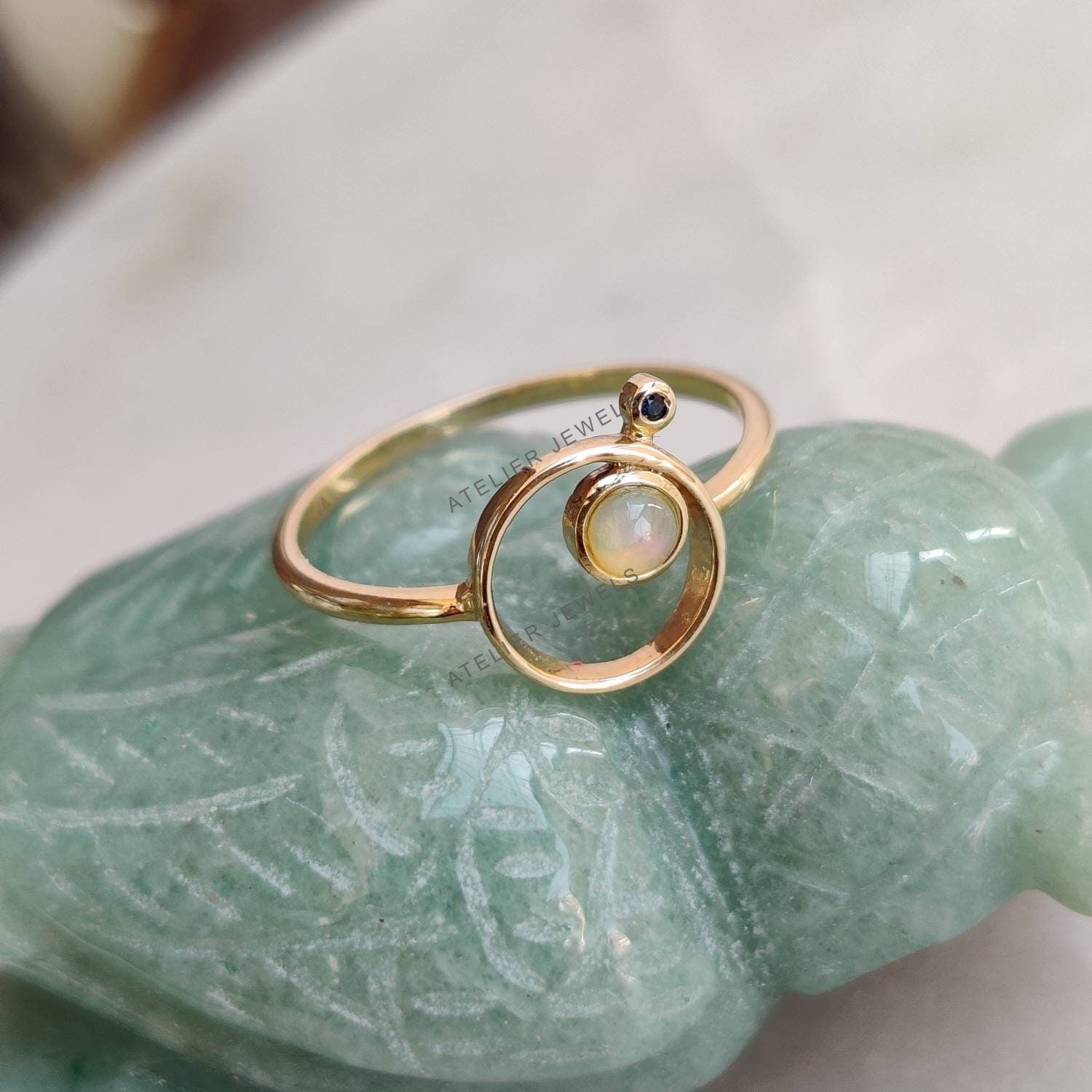 0.11 Ct Natural Opal Sapphire Band Ring 14K Gold Minimalist Birthstone Design