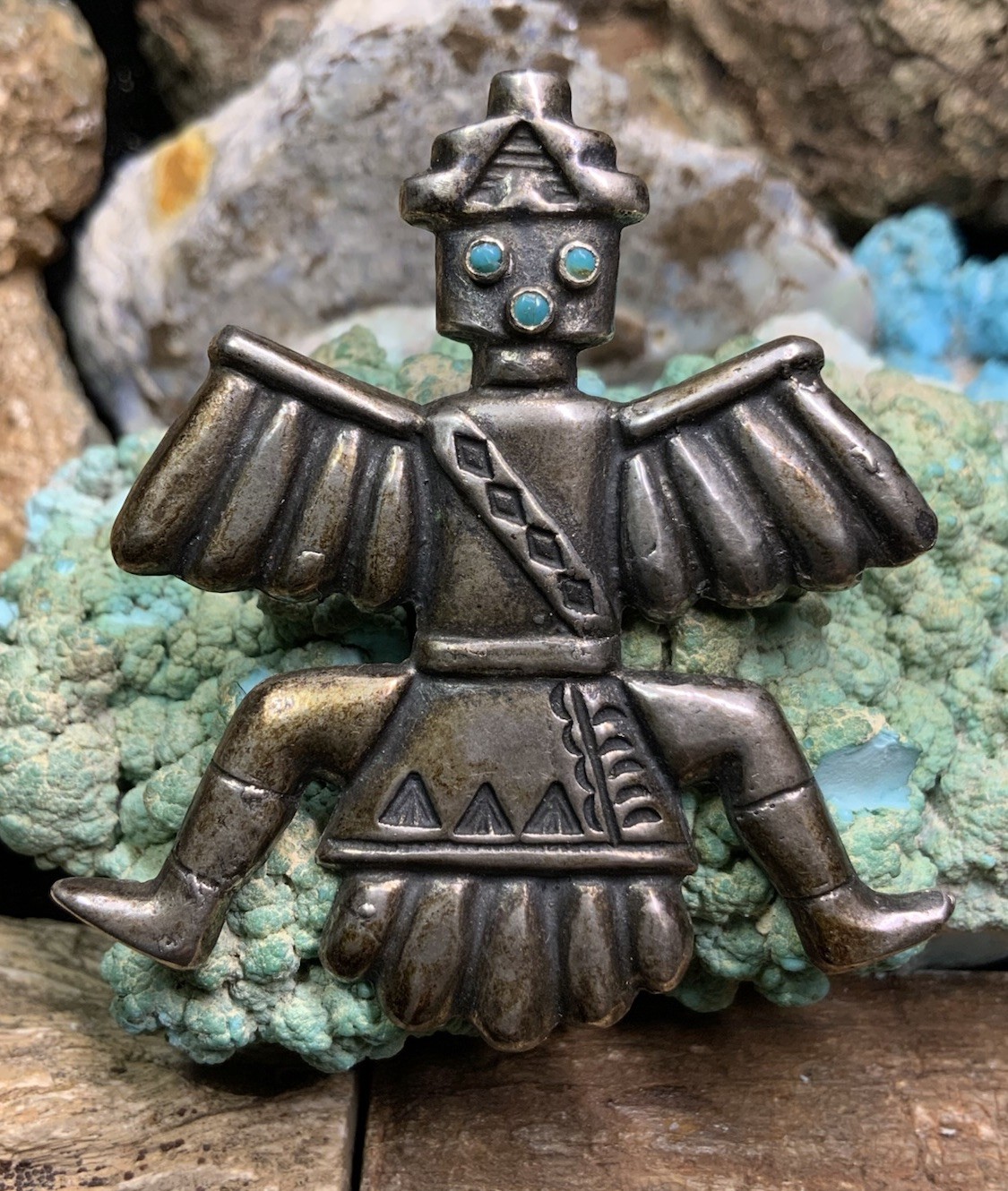 Vintage, 1940’s Native American Sterling Silver & Turquoise Knifewing Pin, 25.0g