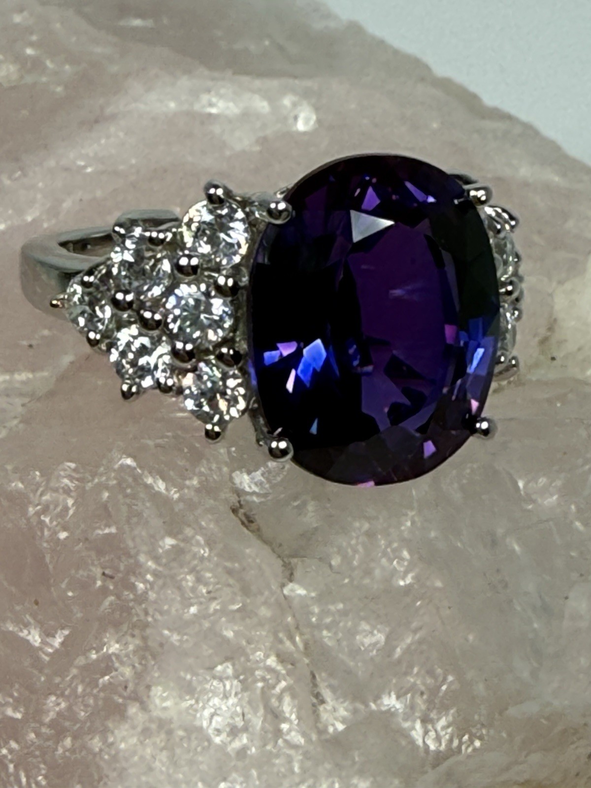 Sterling Silver Ring Size 7.75 Clear And Gorgeous Large Purple Faceted Stone
