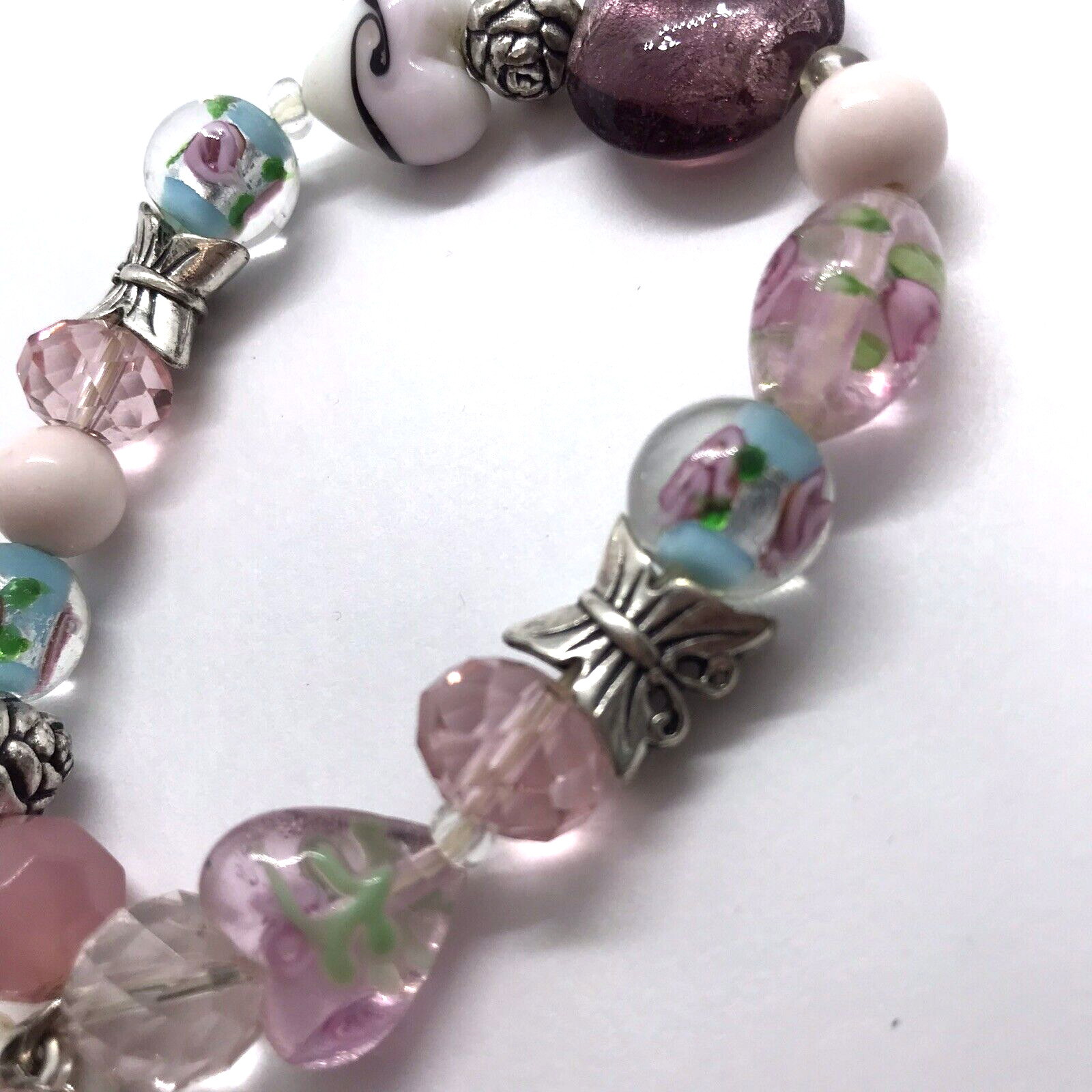 Vintage Art Glass Beaded Stretch Bracelet Lampwork Floral Heart Pink Barbiecore