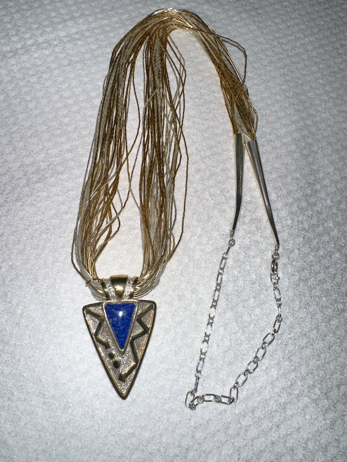 Vintage Art Deco Sterling Liquid Silver 925 Lapis Stone Necklace Funky Jewelry