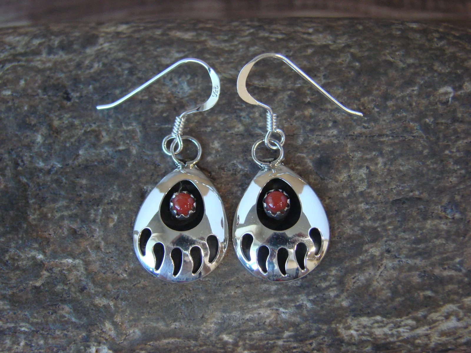 Navajo Indian Sterling Silver & Coral Bear Paw Dangle Earrings – Parker