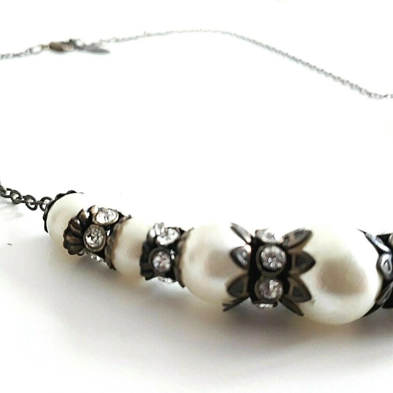 Accessorize Graduated Faux Pearl Diamante Antique Vtg Style Bronze Necklace VGC