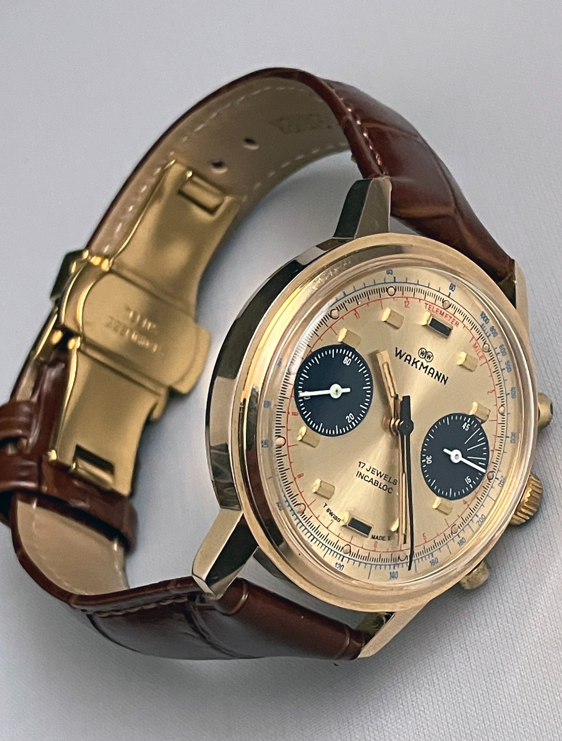 Vintage Wakmann 1376 Chronograph Valjoux 7733 Gold-tone, Working Well
