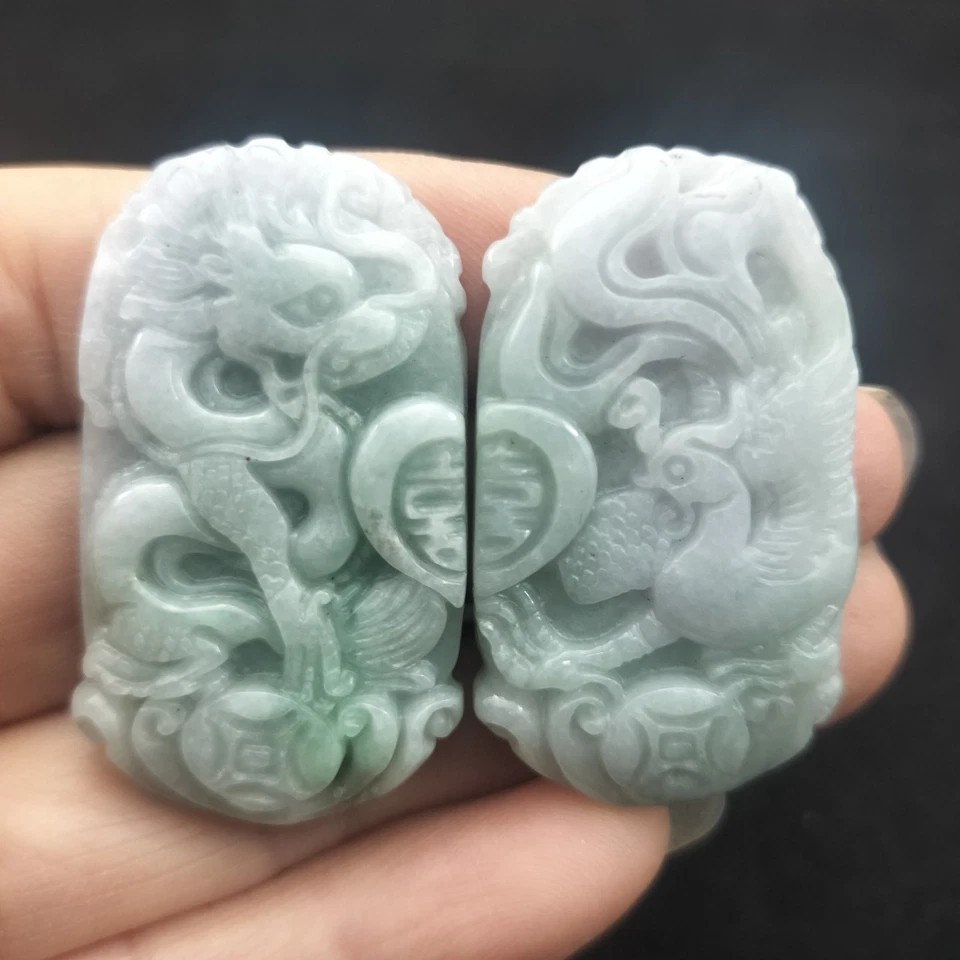 1Pair/2PCS Certified Green Natural Type A Jade Jadeite Dragon Phoenix Pendant