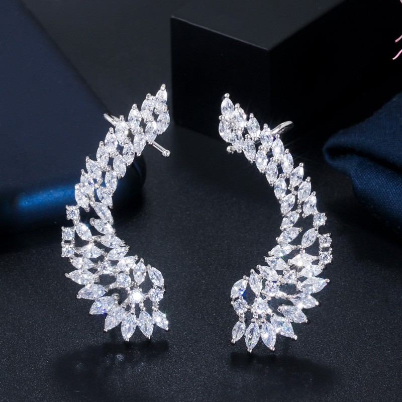 Silver Plated Cubic Zircon Symmetrical Stud Ear Cuff Climber Earrings for Women
