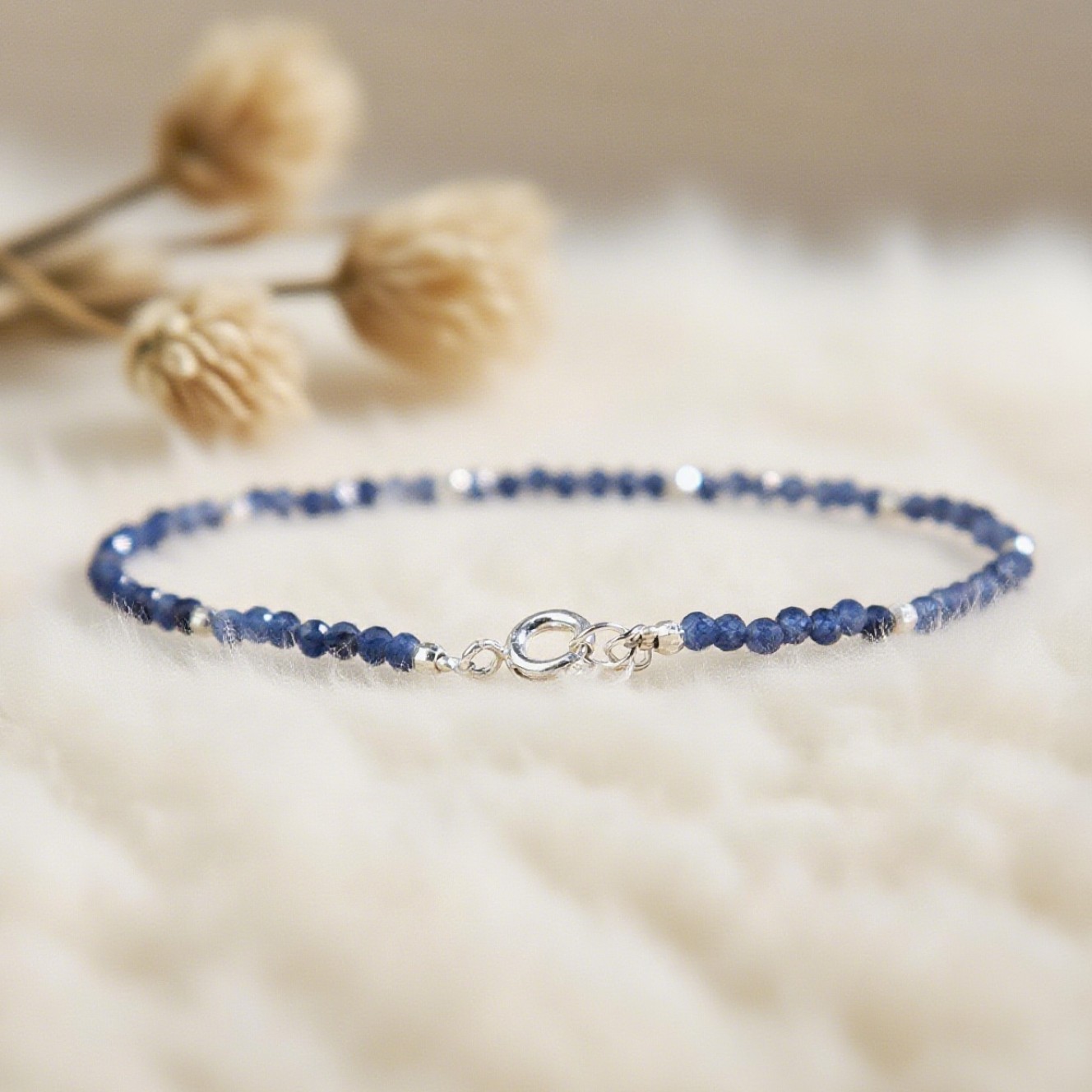 2mm Blue Sapphire Gemstone Beads Delicate Minimalist Healing Woman Bracelet Gift