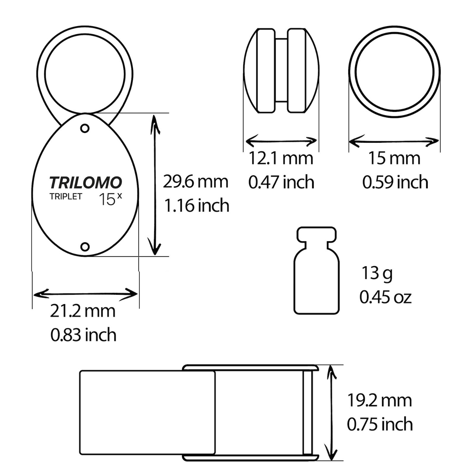 TRILOMO (ex BelOMO) 15x Triplet Loupe Magnifier. Small Black Egg. 14mm