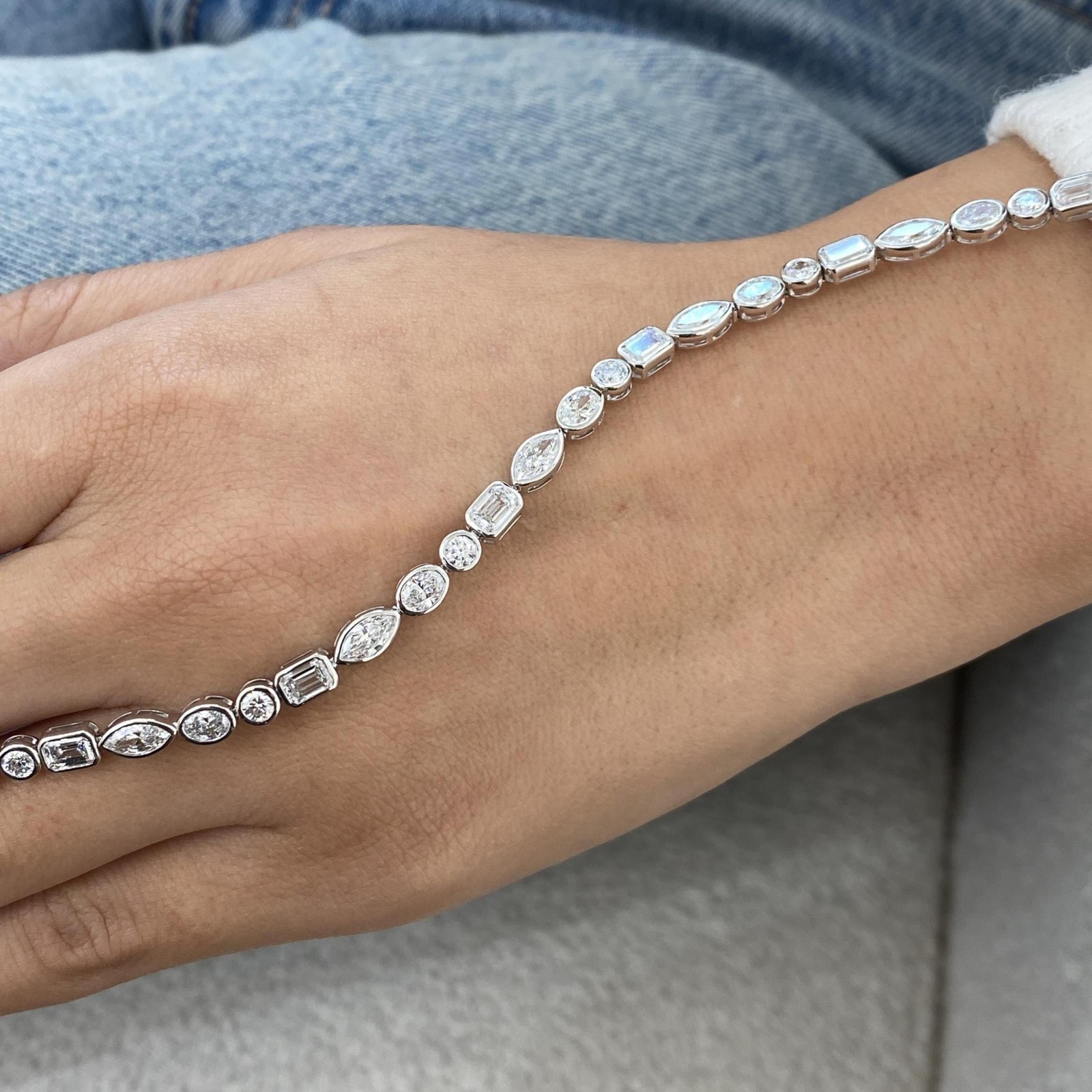Lab Grown Diamond Multi Cut Bezel Style Tennis Bracelet 14k Solid White Gold