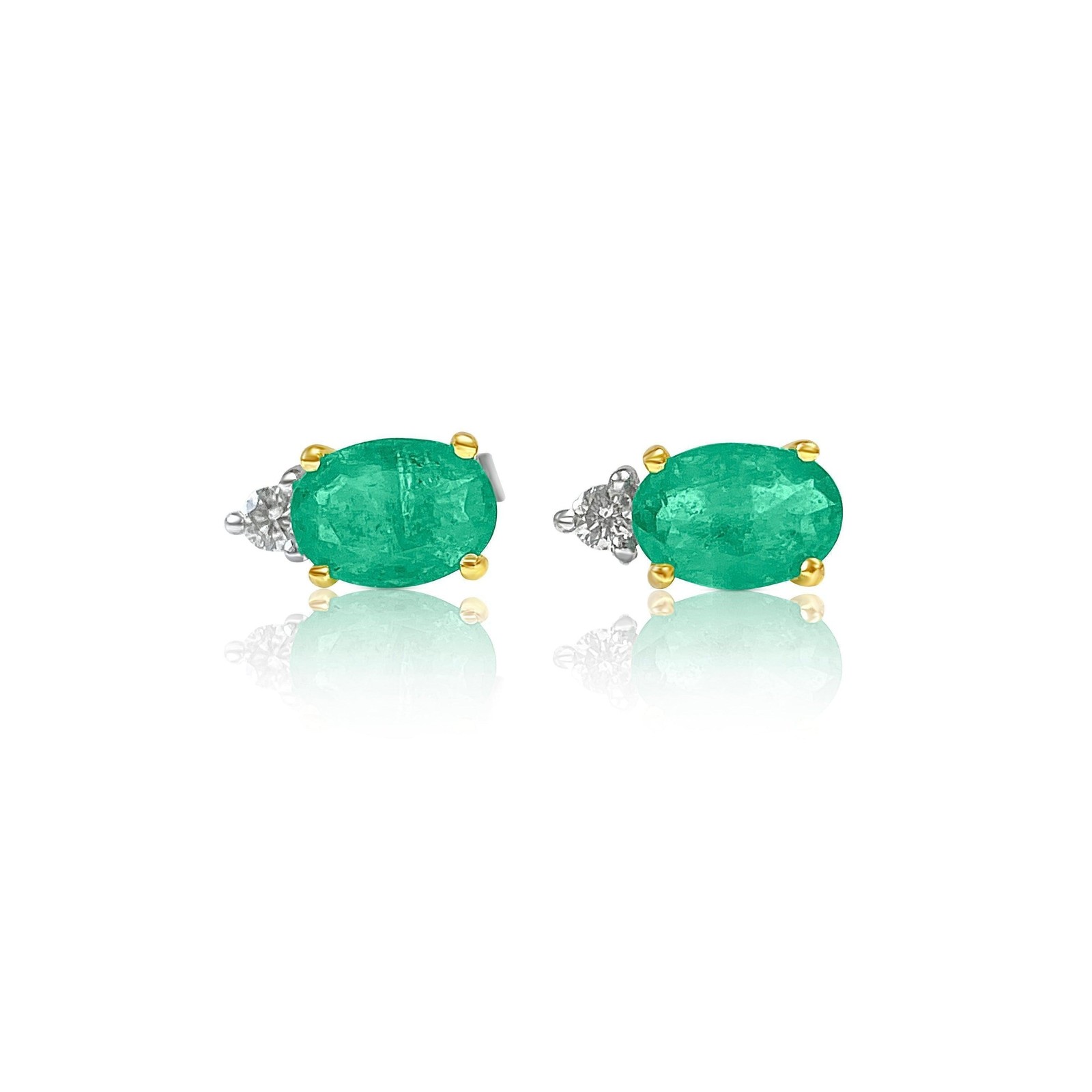 1.5 CTW Oval Cut Emerald Stud Earrings & Diamond Tops in 14K Gold