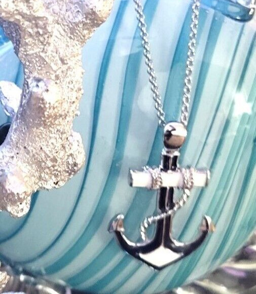 Nautical Anchor Pendant Necklace 24 ” Chain Navy Blue and White Fast Shipping