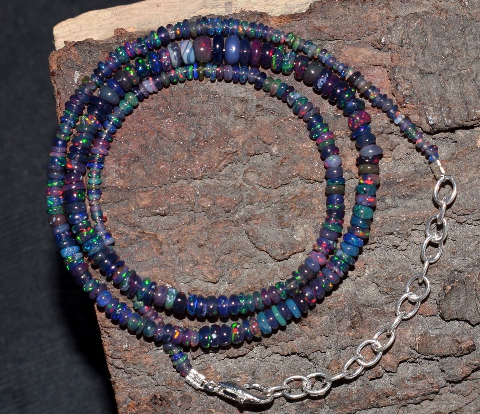 Opal Beads Necklace Natural Ethiopian Black Opal Gemstone Beads 16″Necklace