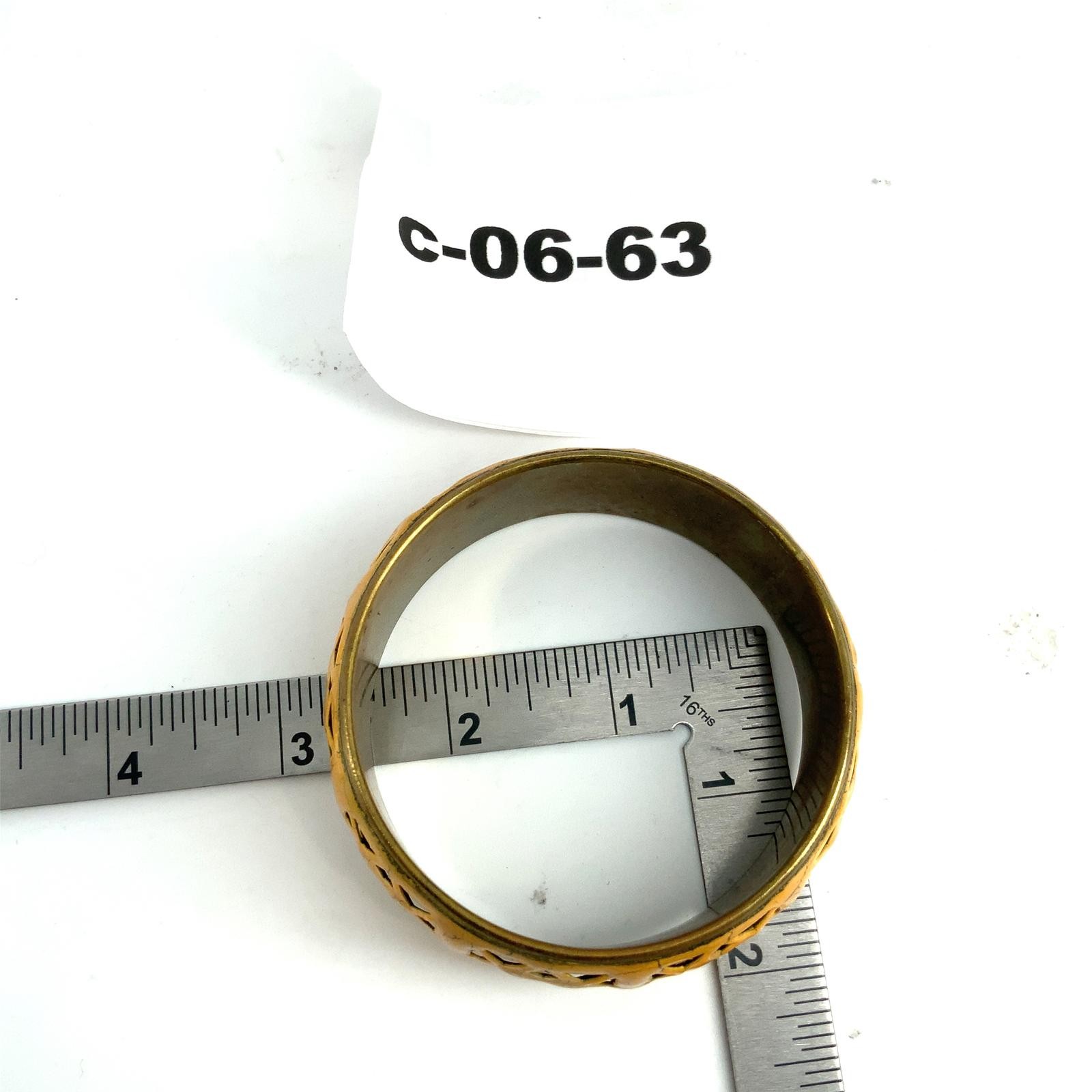 Vintage Brass Mustard Yellow Enamel Geometric Cutout Bangle Boho Cuff Bracelet