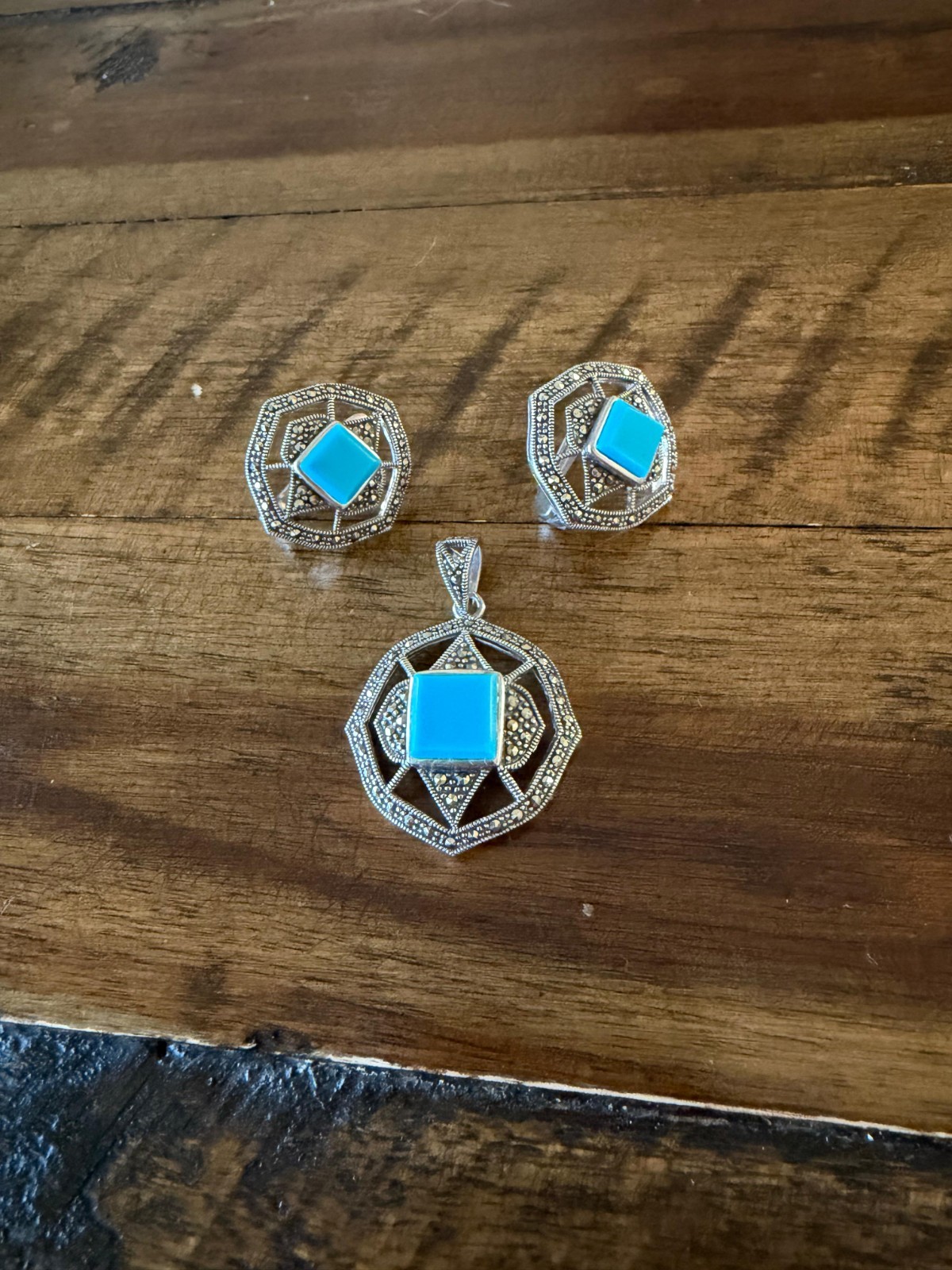 925 Starling Silver Marcasite Turquoise Earrings and Pendant Jewelery Set
