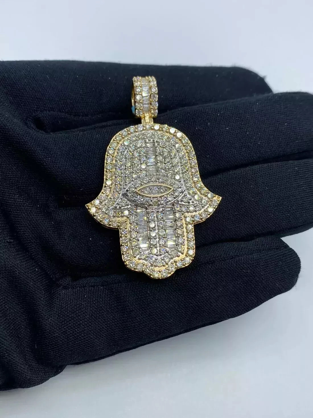 2 Ct Round Cut Real Moissanite Hamsa Pendant 14K Yellow Gold Plated Silver