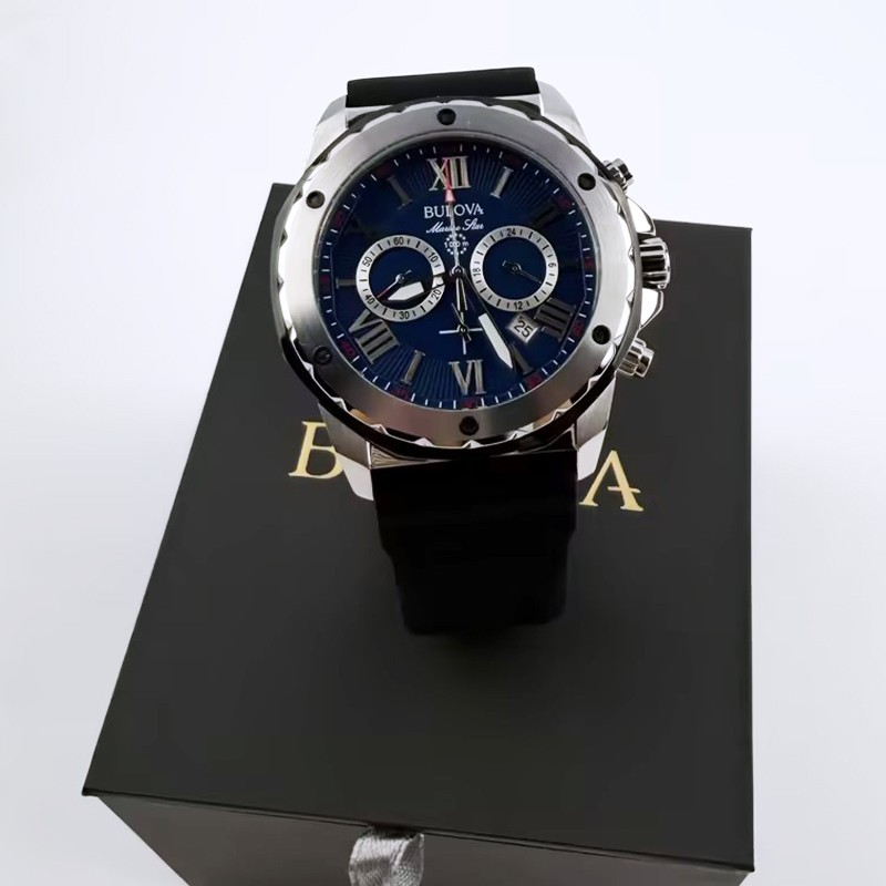 Bulova Marine Star 98B258 Blue Dial/Black Rubber Strap Men’s Quartz Watch 44mm