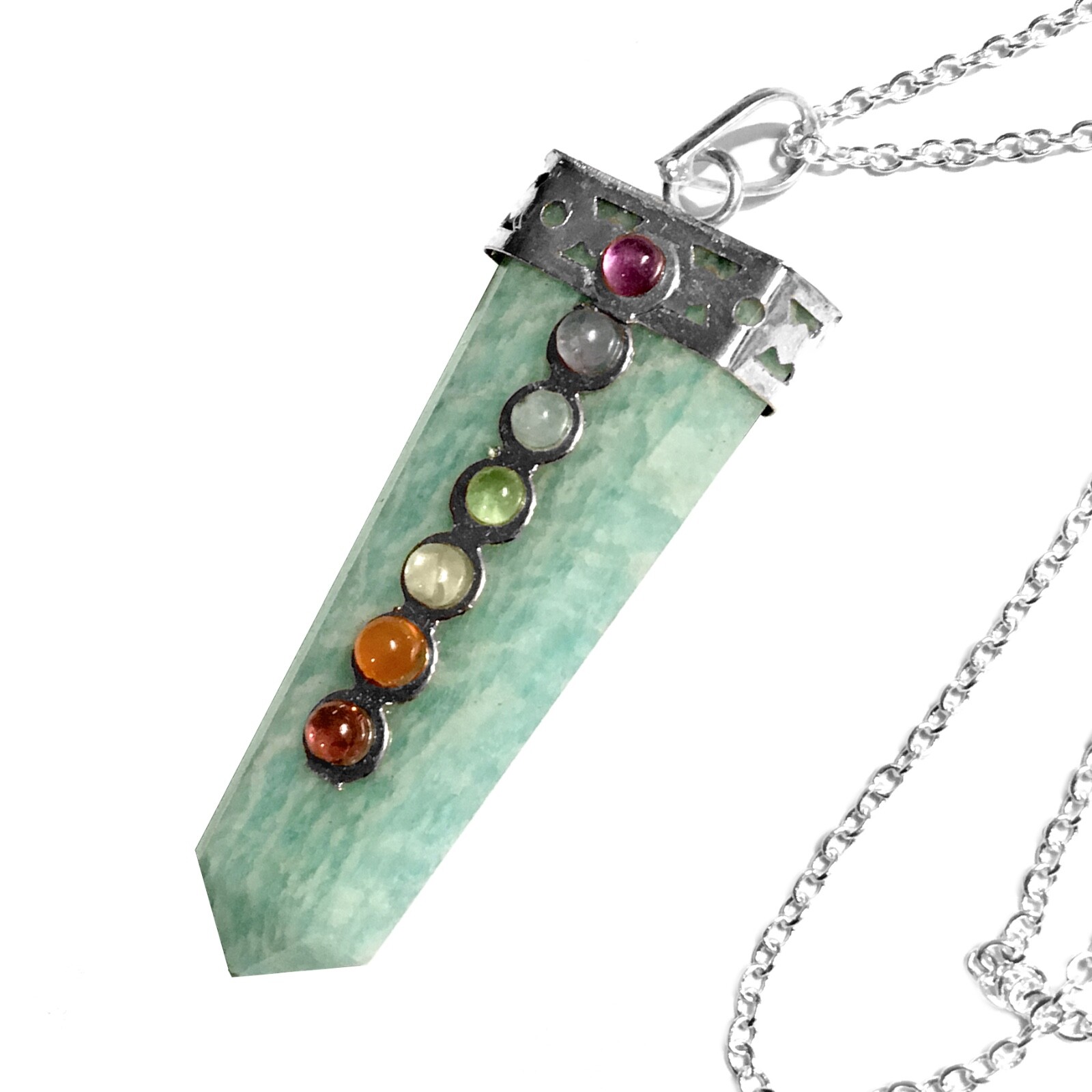 Amazonite Crystal Chakra Pendant LARGE Sterling Silver Point Necklace CHARGED