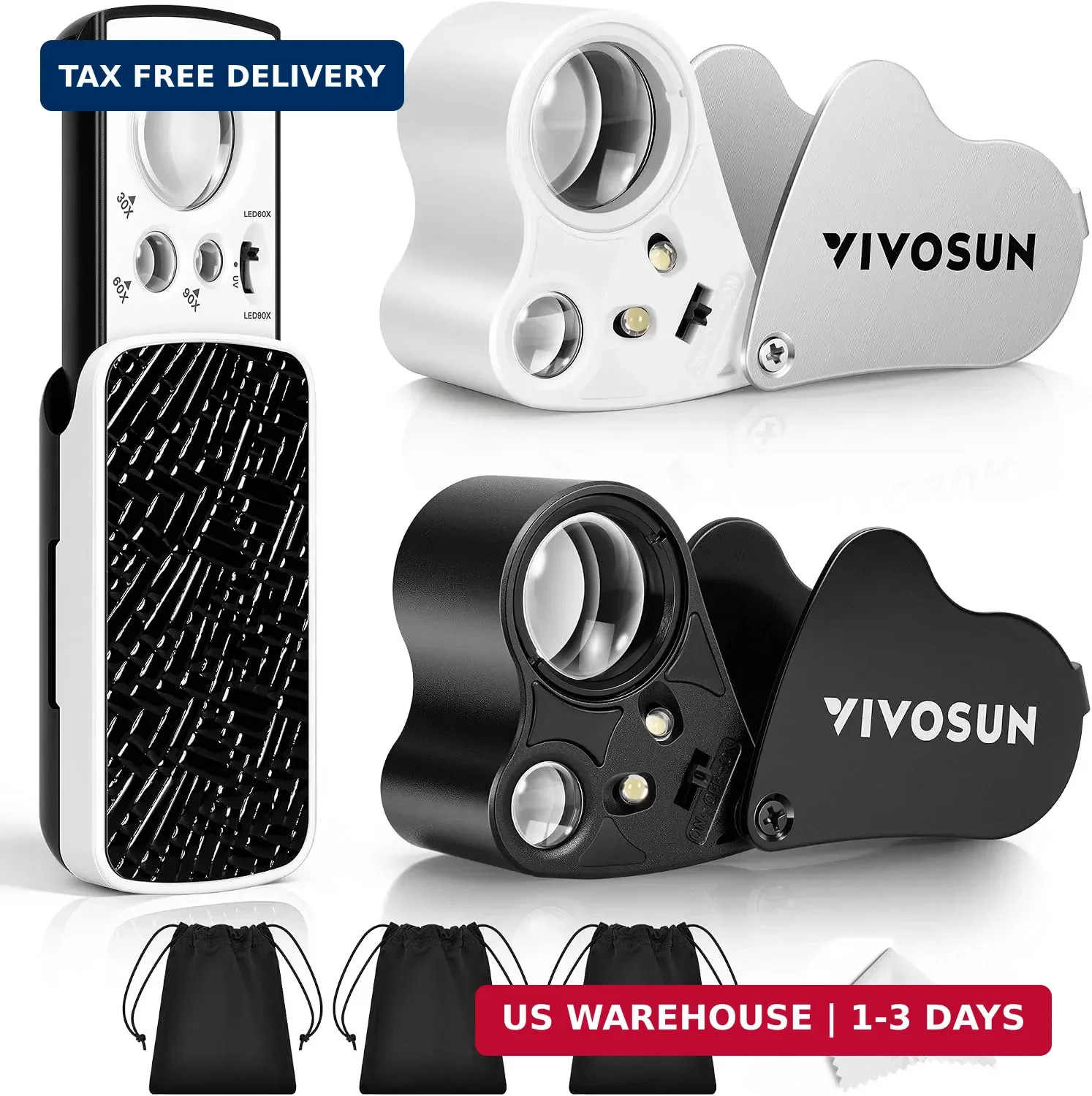 VIVOSUN 3-Pack Jewelry Loupe Set, 30X/60X/90X Eye Loupe with UV/LED Lights | Fol