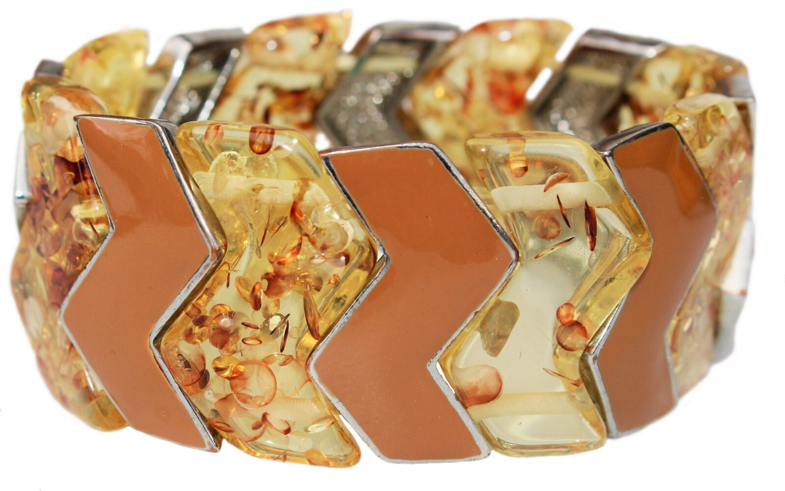 Chunky BRACELET 28mm Stretch Plastic Metal Acrylic BROWN Gold Shine