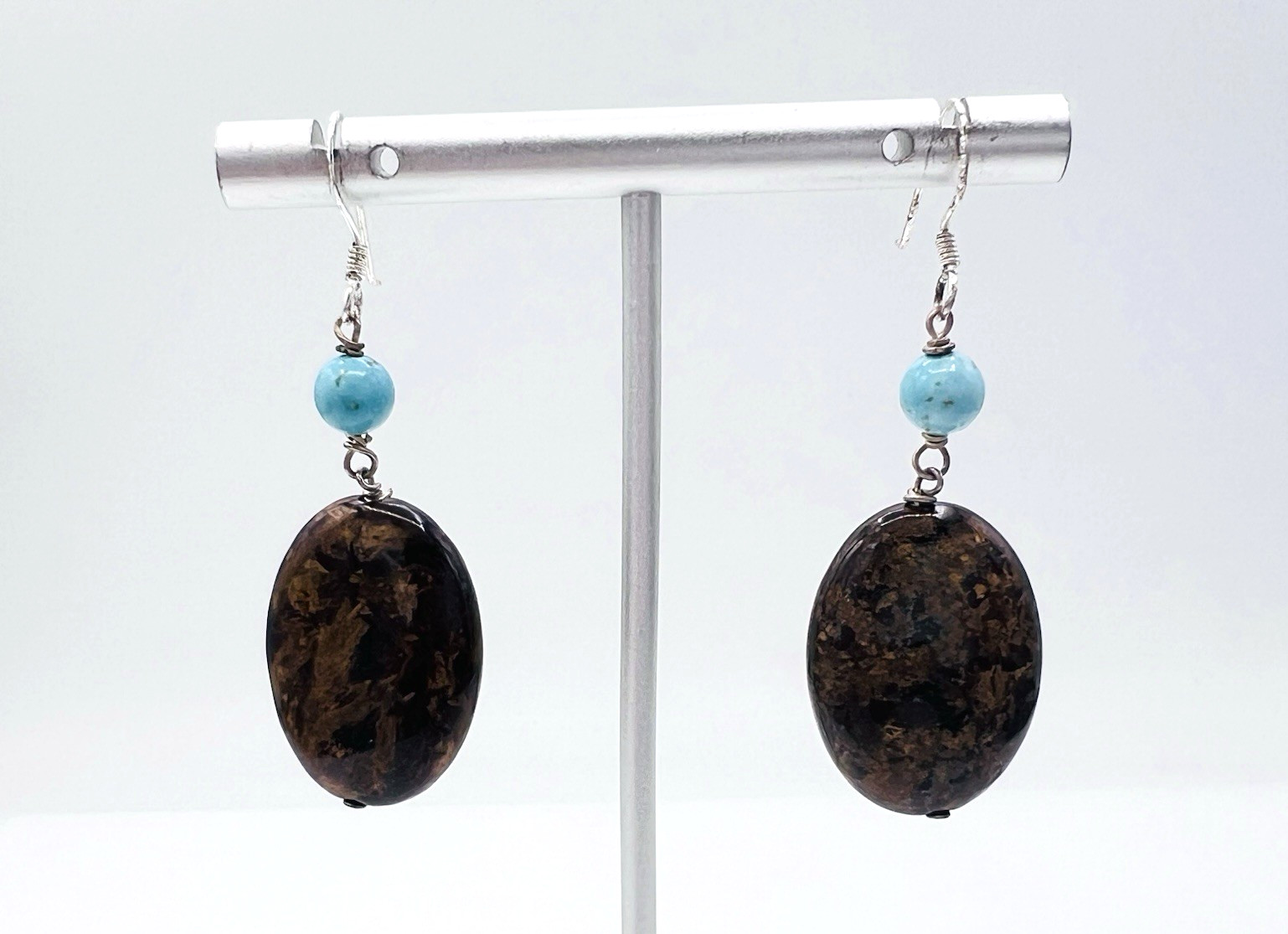 Lot of Two Beaded Sterling Silver Bronzite Turquoise Glass Dangle Earrings