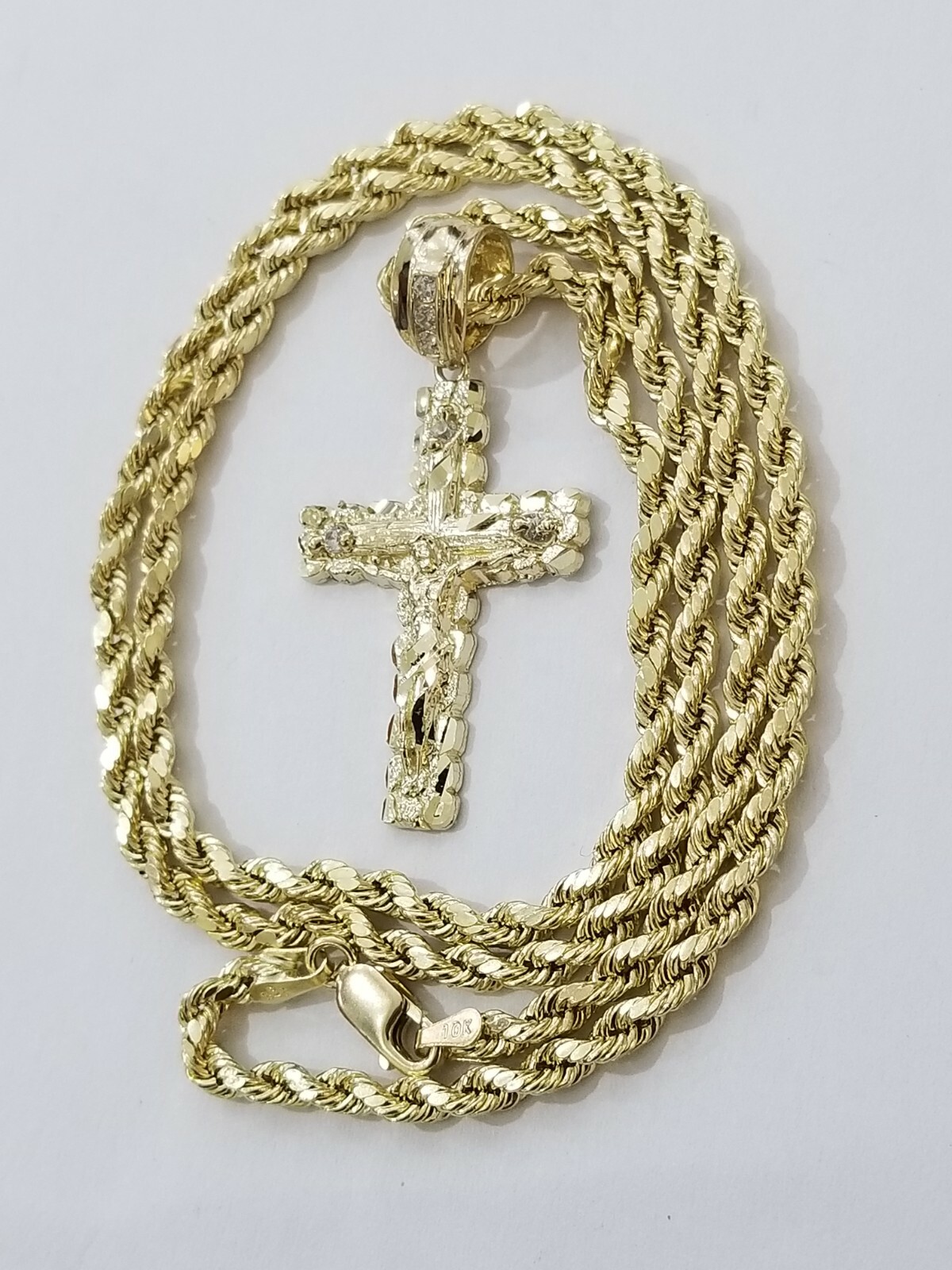 REAL 10k Rope Chain And Cross Charm Pendant 3mm Necklace Jesus Cross Set 16″-28″