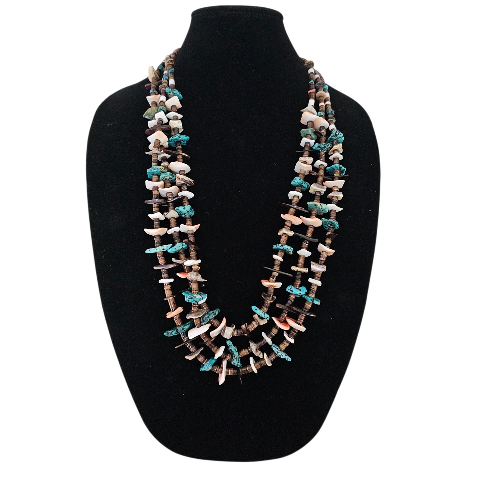 Santo Domingo Native American 3 strand Turquoise Shell Tab Necklace 32 In