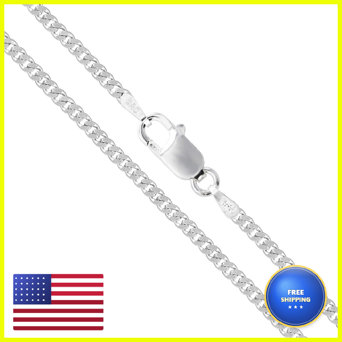 Sac Silver Sterling Silver Italian Curb Chain 2Mm Solid 925 Italy 2 Sided