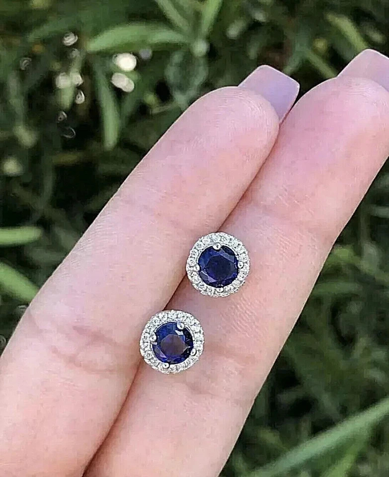 Round Cut Lab Created Blue Sapphire Women’s Stud Earrings 14k White Gold Plated