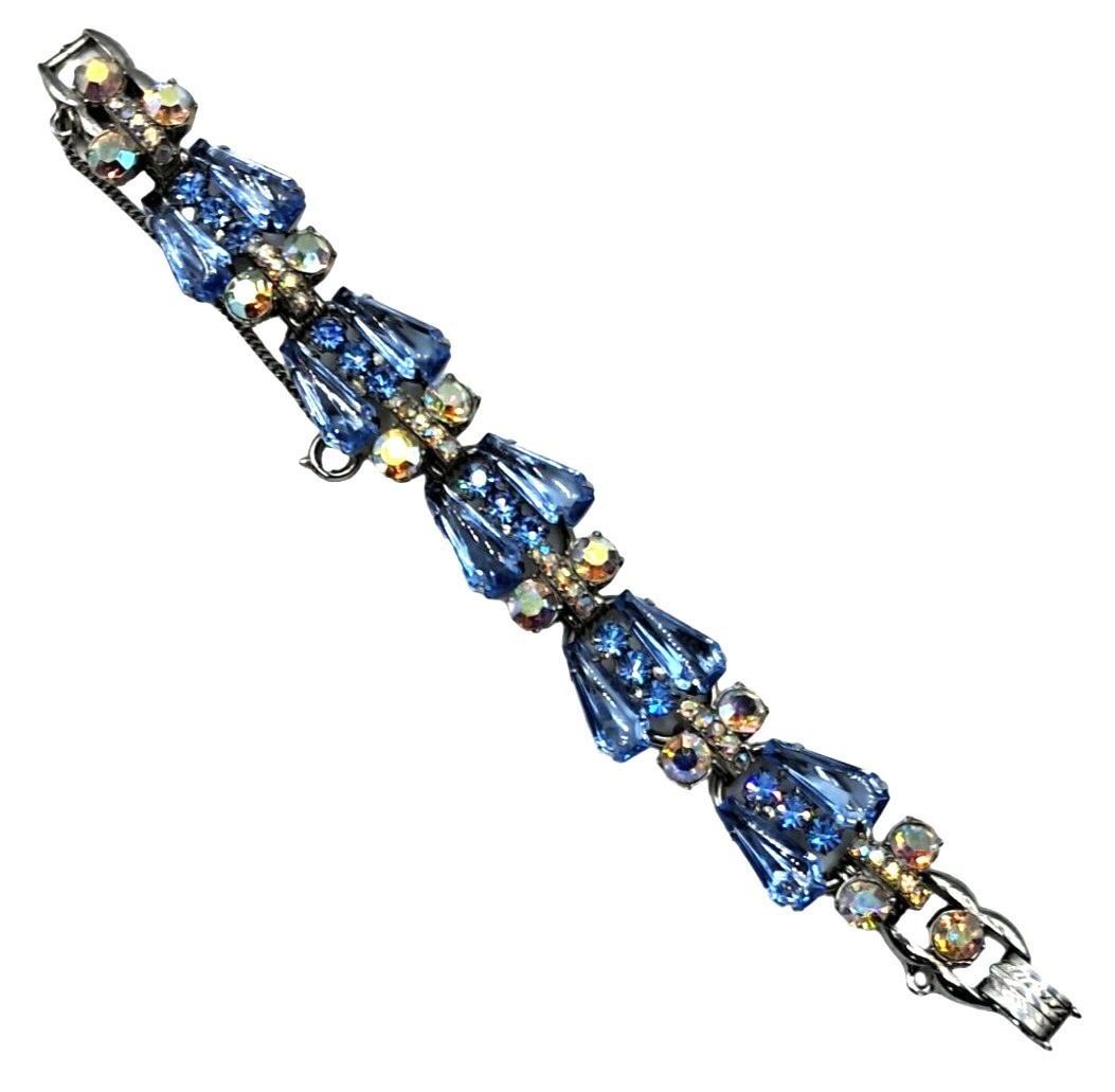 Juliana Pentagon Rhinestone Bracelet Blue Aurora Borealis Vintage Costume Jewelr