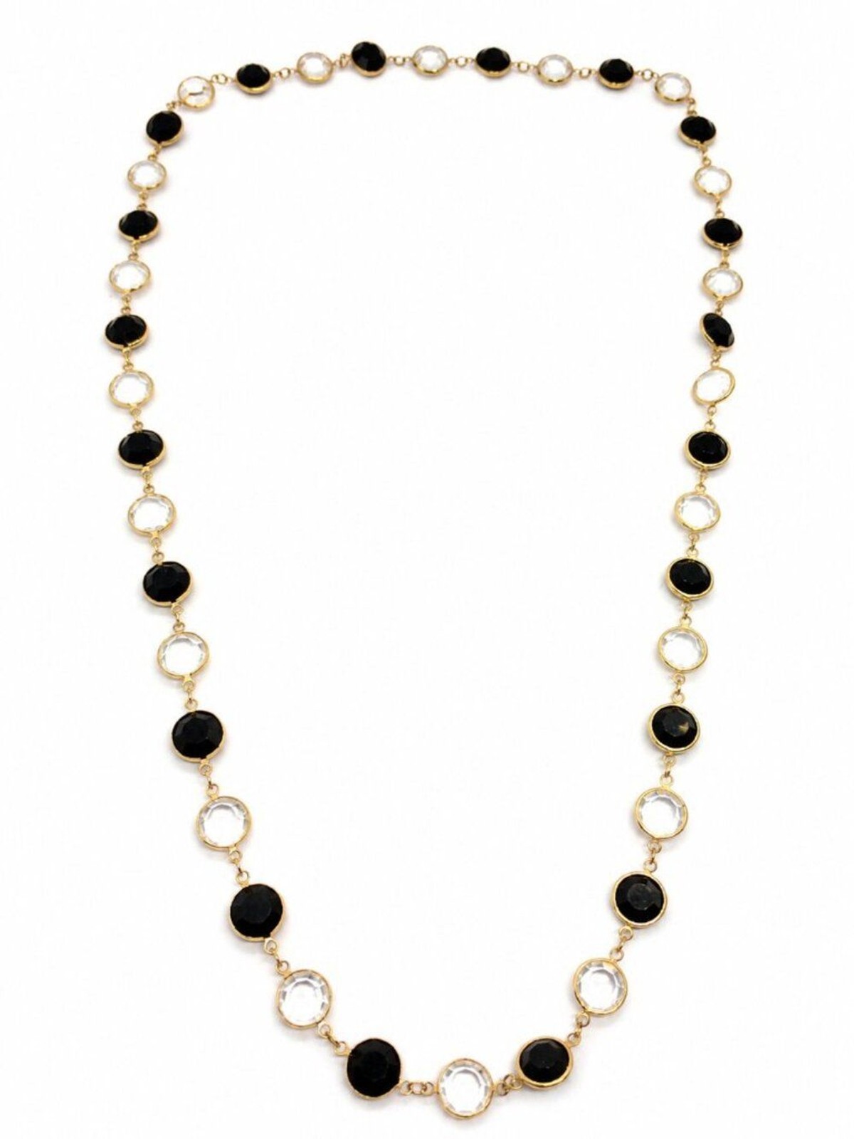 VINTAGE CRYSTAL NECKLACE Open Bezel Black Clear Glass Gold Tone 28″ Long