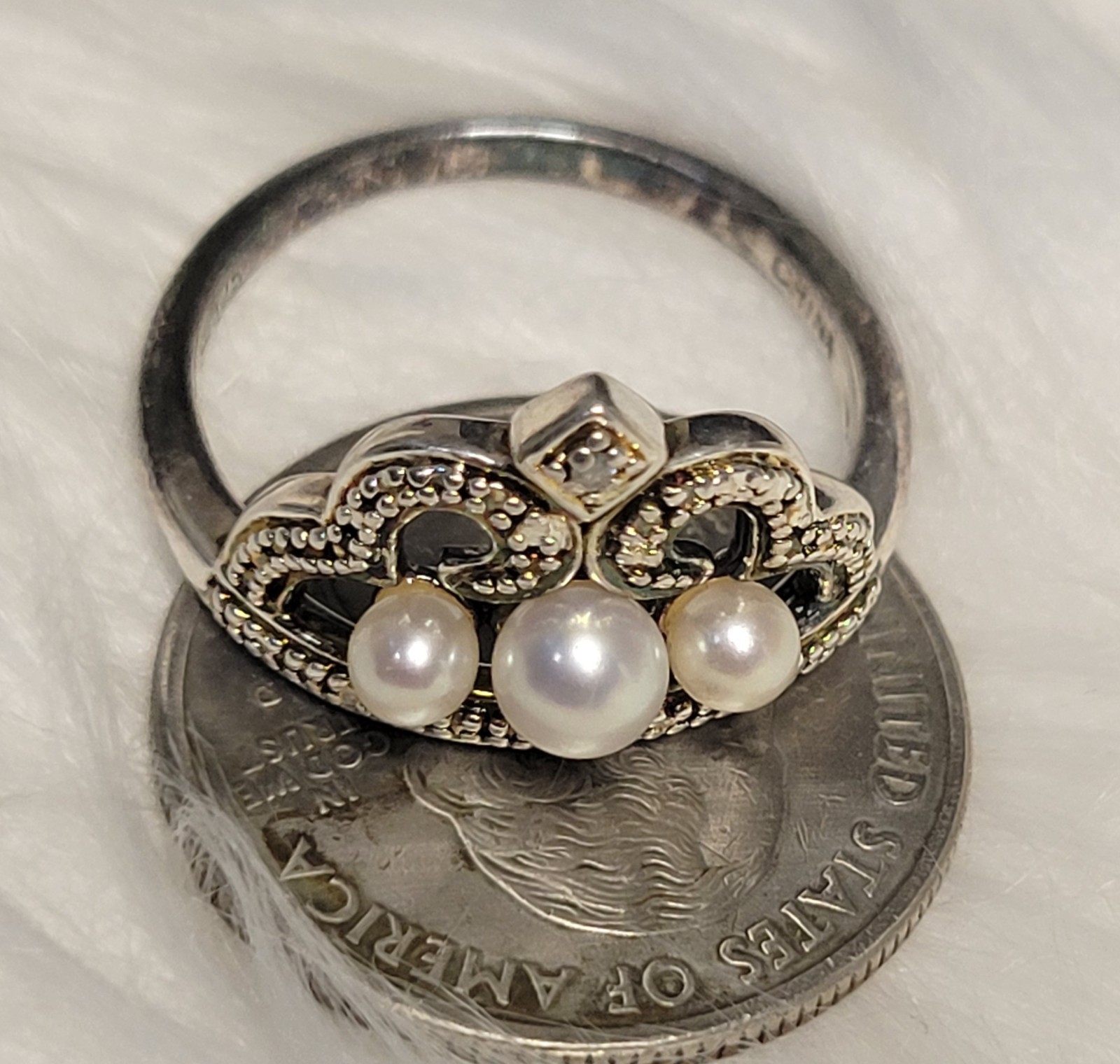 Ross-Simons Sterling Silver White Pearl & Diamond Accents Crown Ring Size 10
