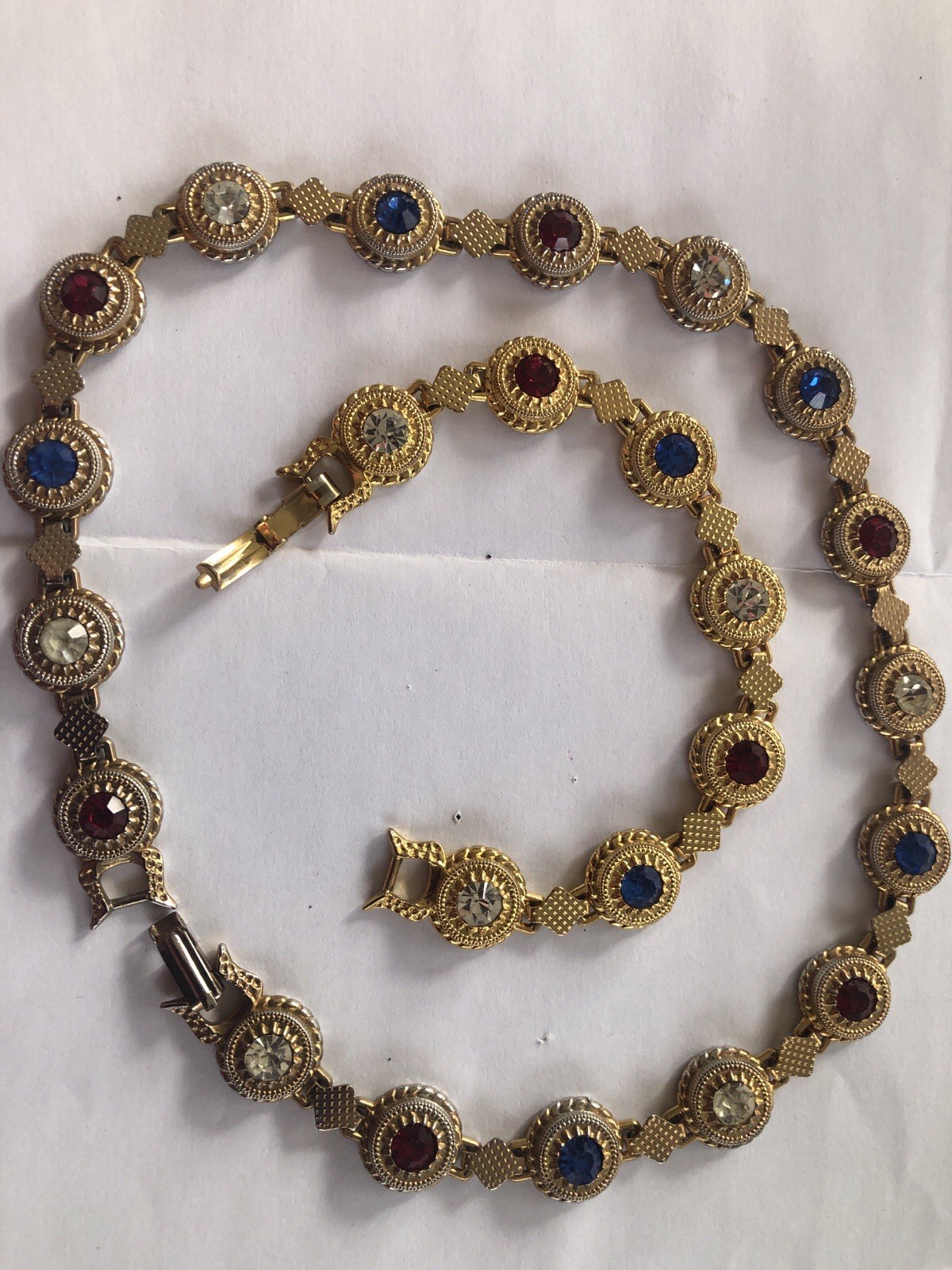 Vintage Gold Tone Multi Color Rhinestone Link Necklace & Bracelet Set