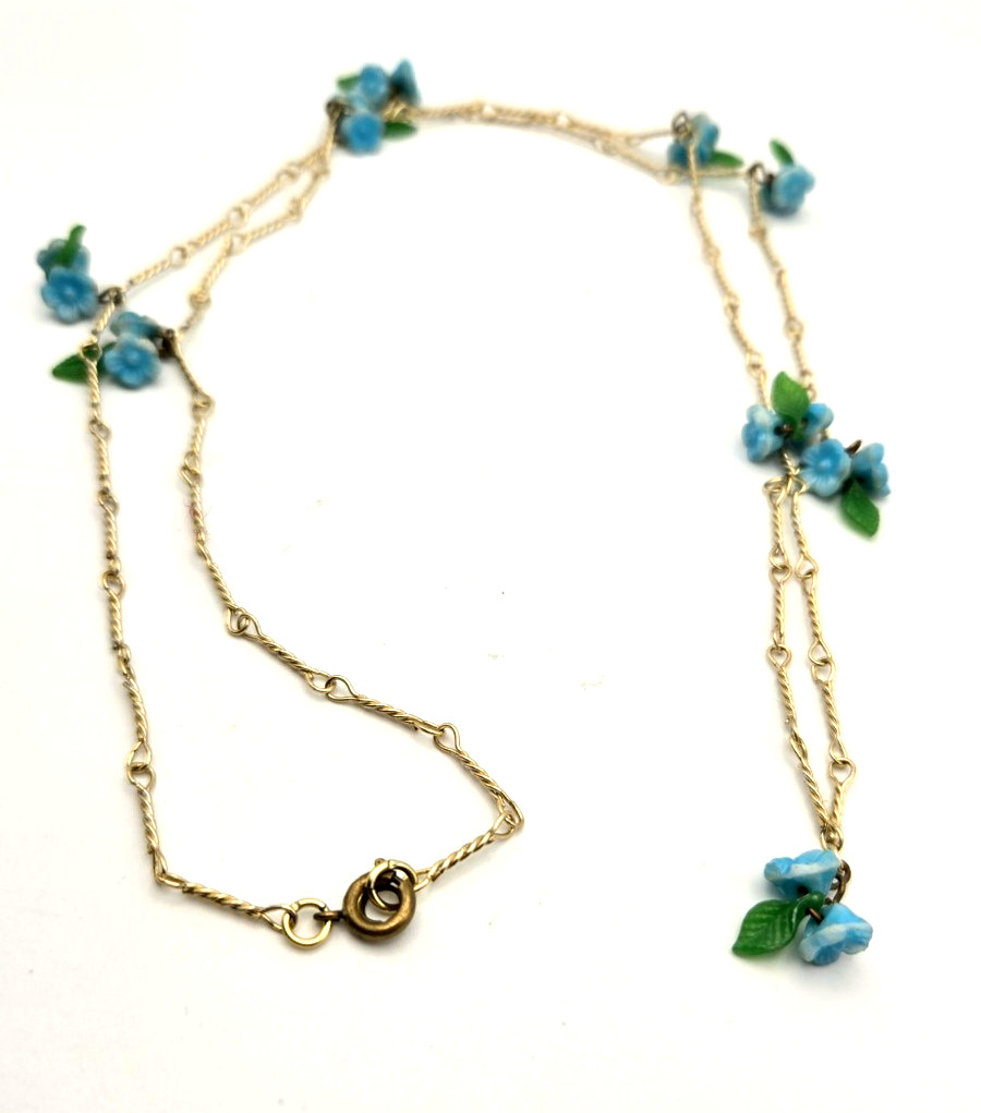 Vintage Gold Tone Station Necklace with Blue Flower and Green Leaf Beads, 30″