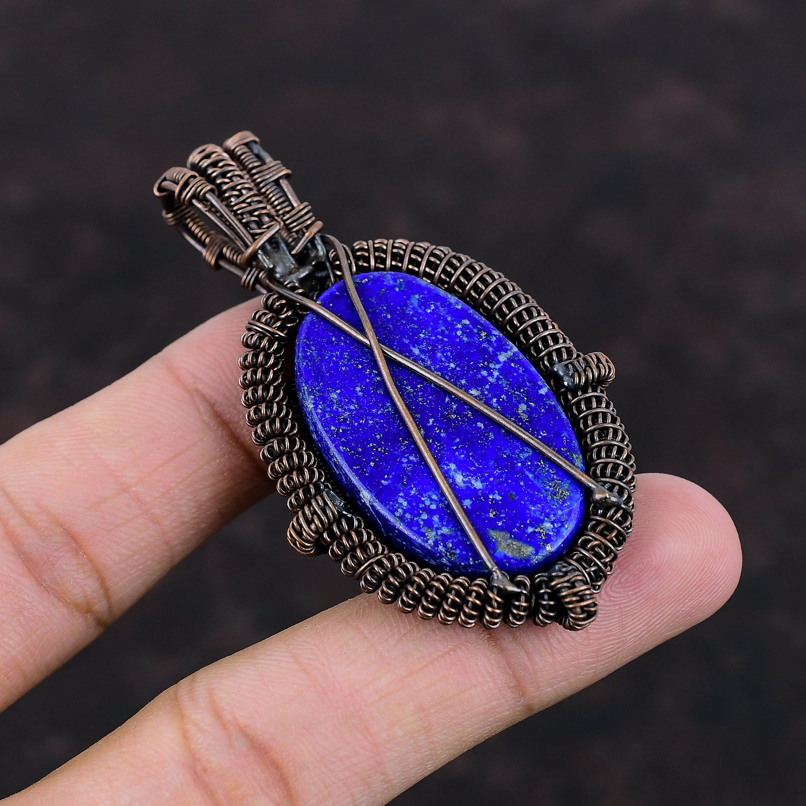 Lapis Lazuli Gemstone Copper Sister September Birth Wire Wrapped Pendant Jewelry