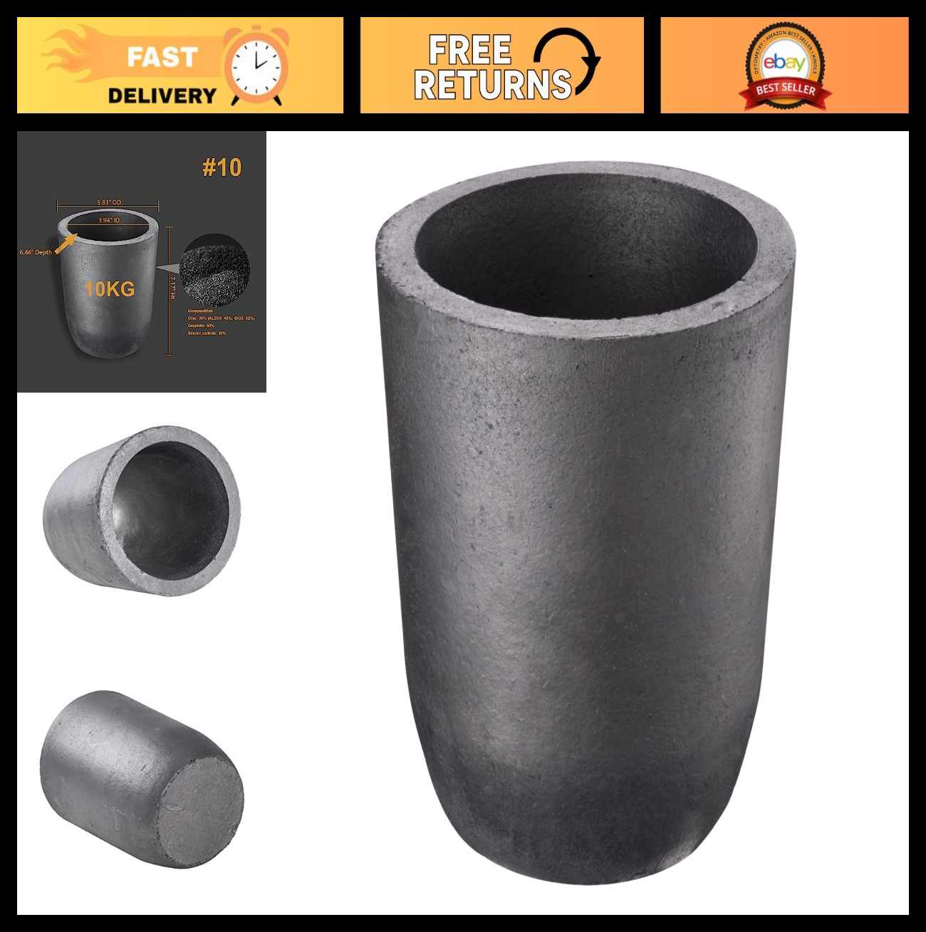 10kg Clay Graphite Crucible for Melting Metal, Casting Gold, Silver, Aluminum, B