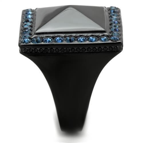 Women’s Pyramid Ring, Blue Top Grade Crystal, Black Plated, Stainless Steel