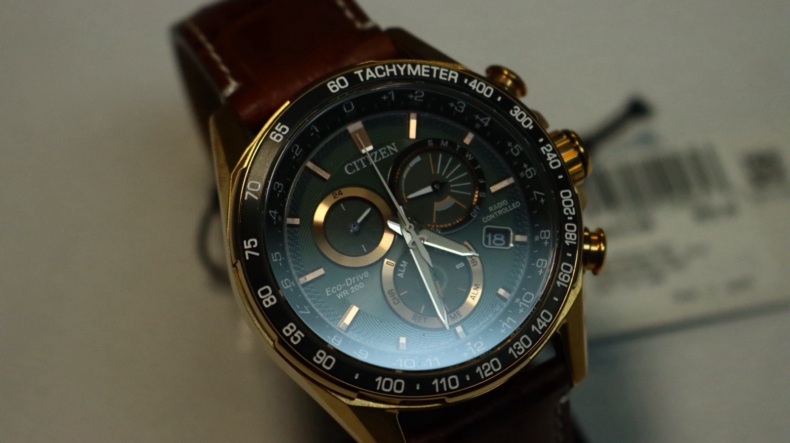 Citizen Eco-Drive Radio Controlled Chronograph Tachymeter Green Dial 44mm